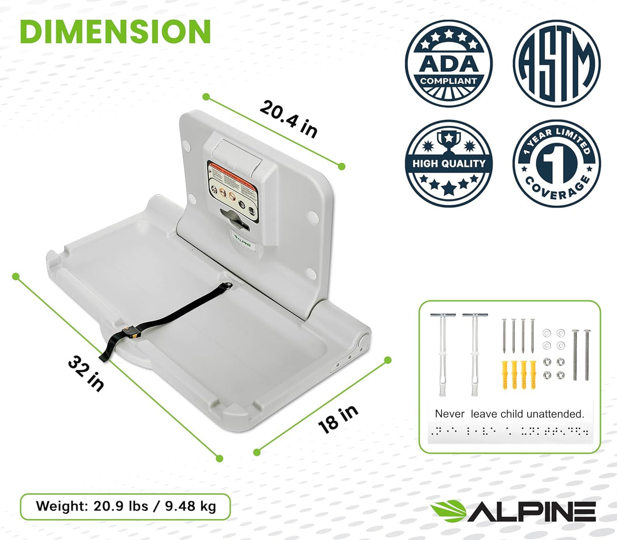 Open changing table shown with green dimension lines and an inset of mounting hardware and compliance badges.