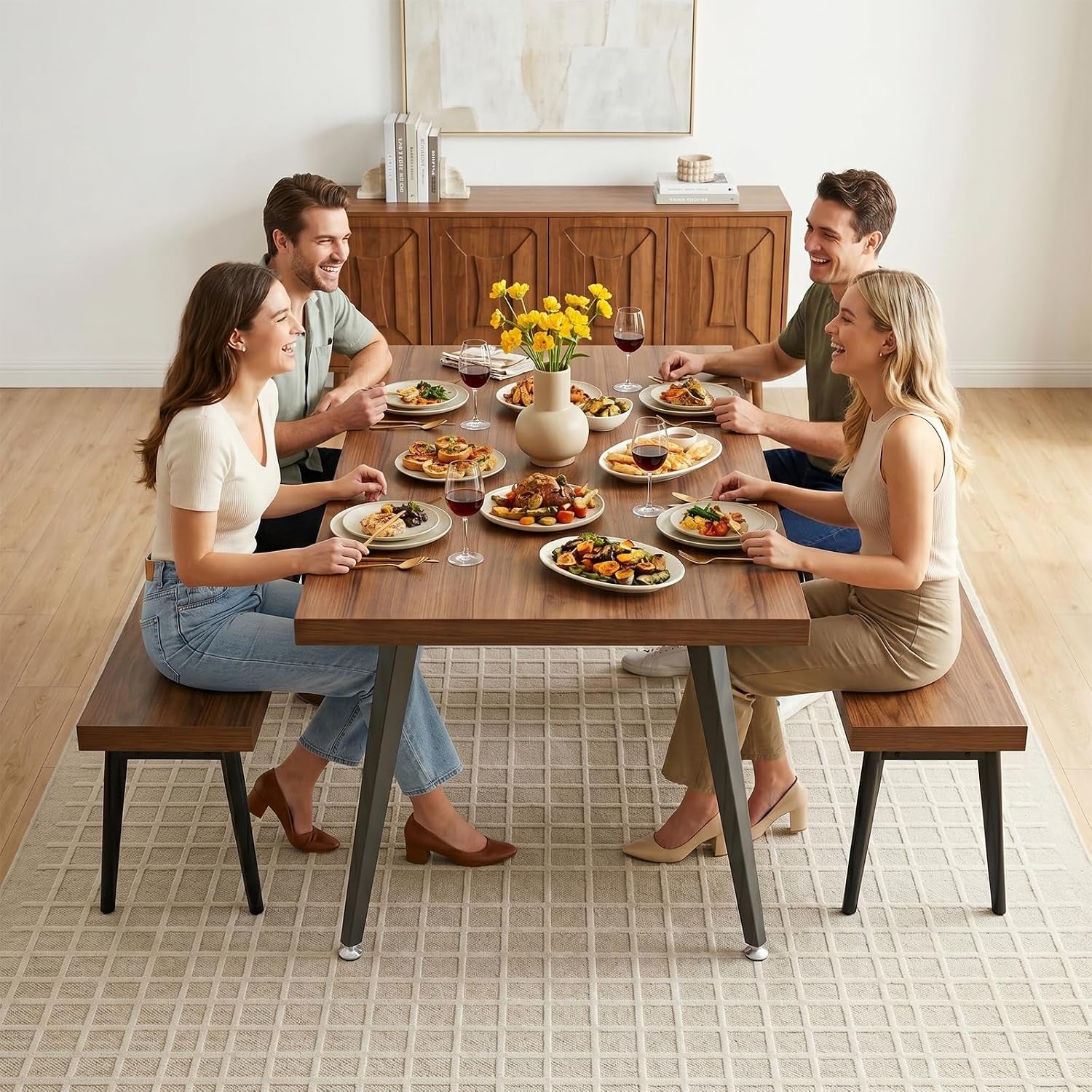 ZckyCine 70.8" Dining Table with 6 PU Leather Chairs, 7-Piece Modern Dining Set, Sturdy Metal Legs, gallery view 40