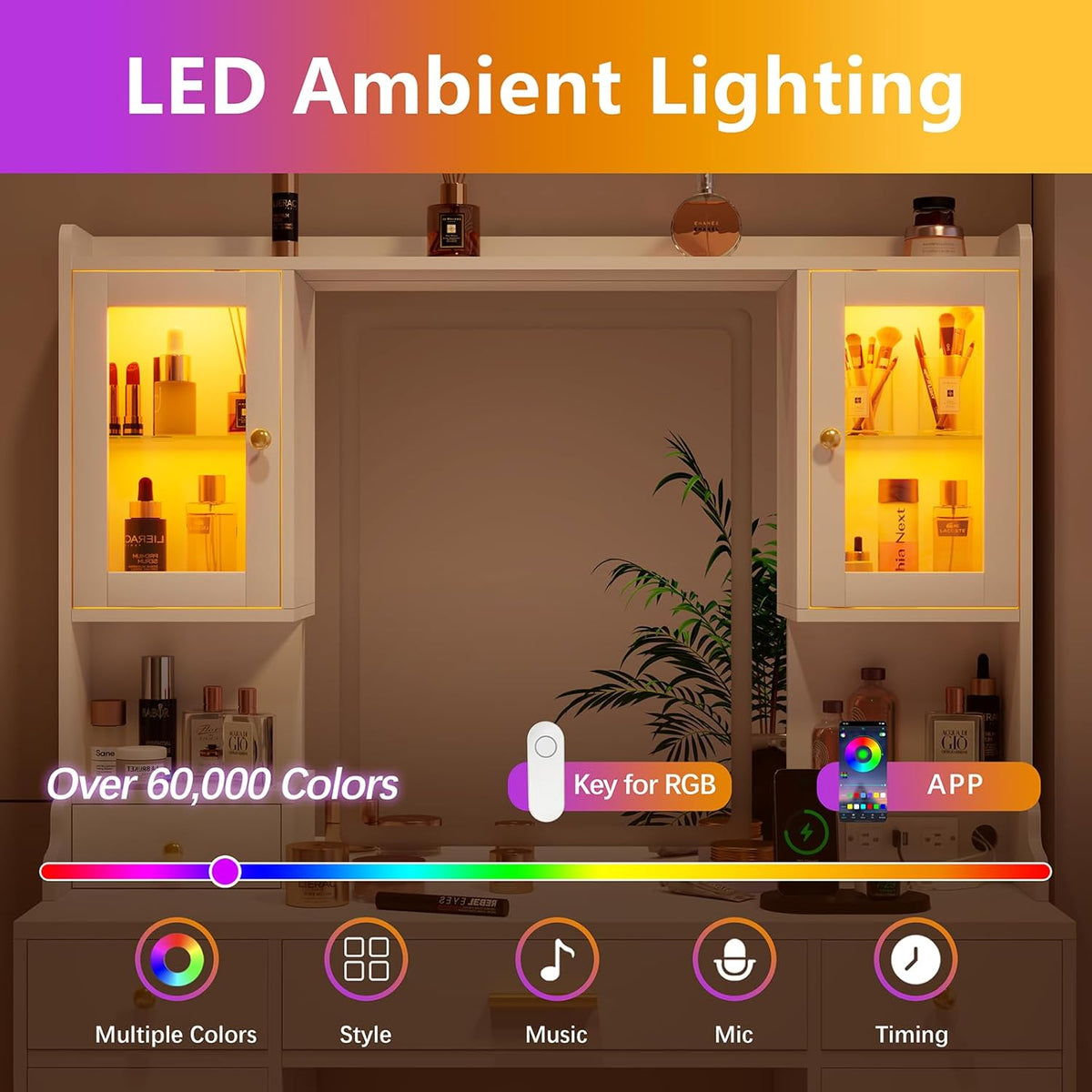 Upper vanity cabinets illuminated with amber ambient LEDs and an overlay showing RGB app control and color range