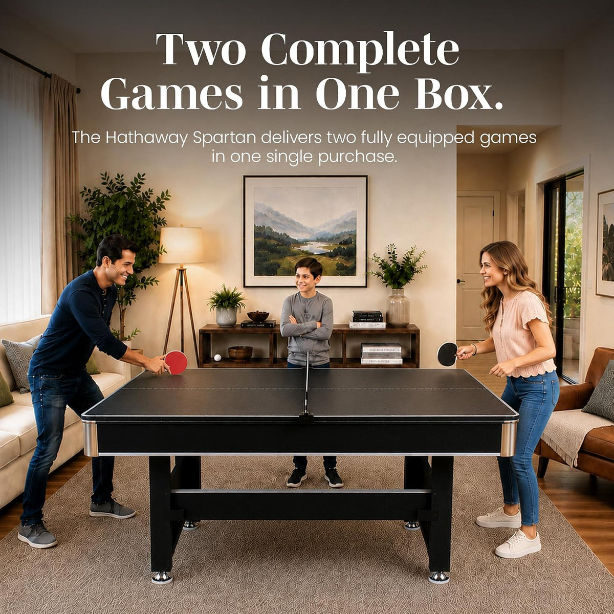 Two adults playing ping-pong on the converted table across from each other while a child watches in a living room.