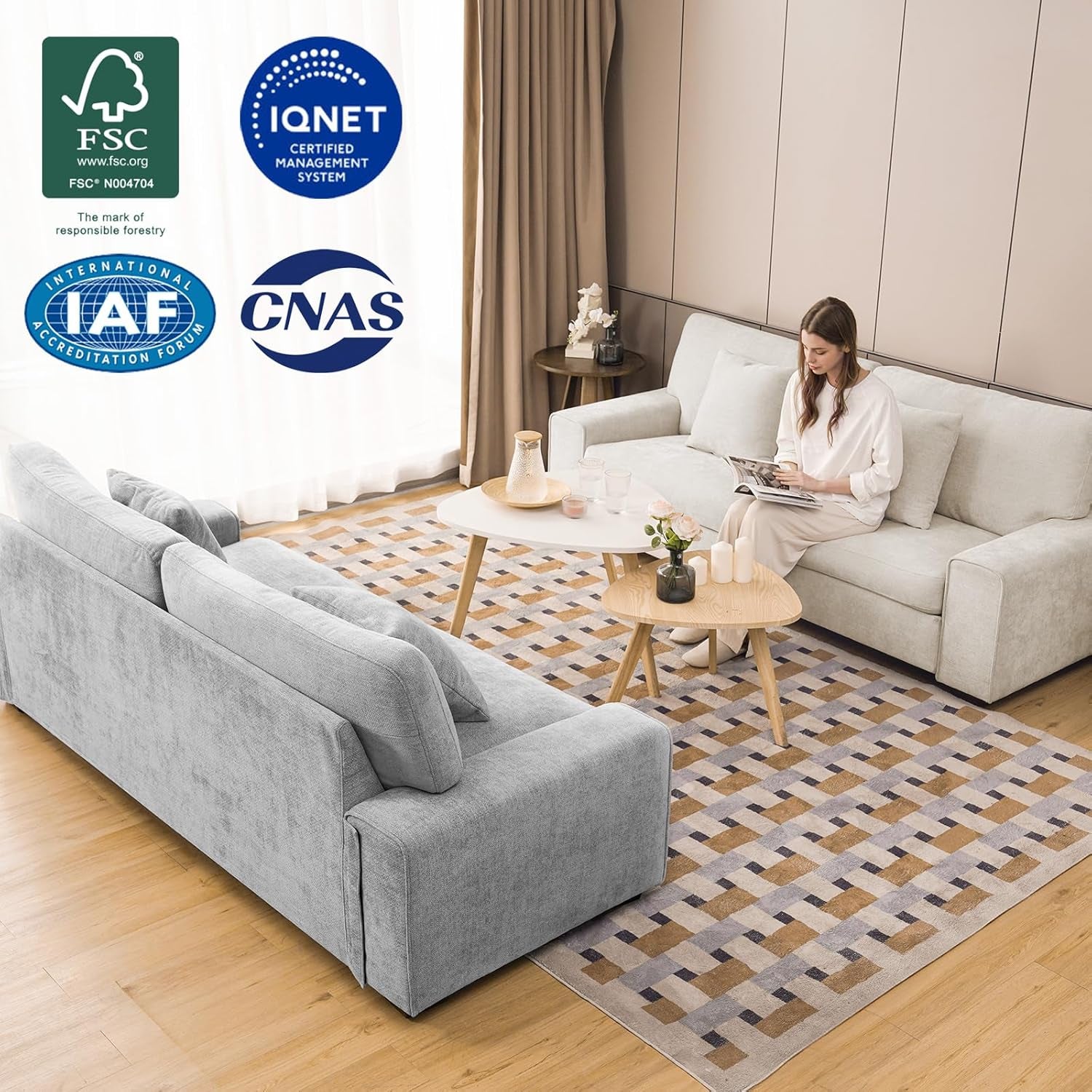 Top-down living room view showing two matching light gray loveseats facing each other and a woman on one