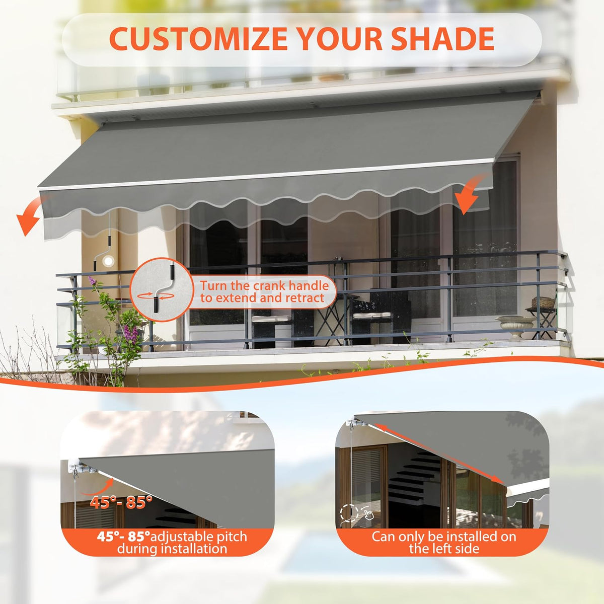 Grey retractable awning extended over a small balcony with crank inset and scalloped valance
