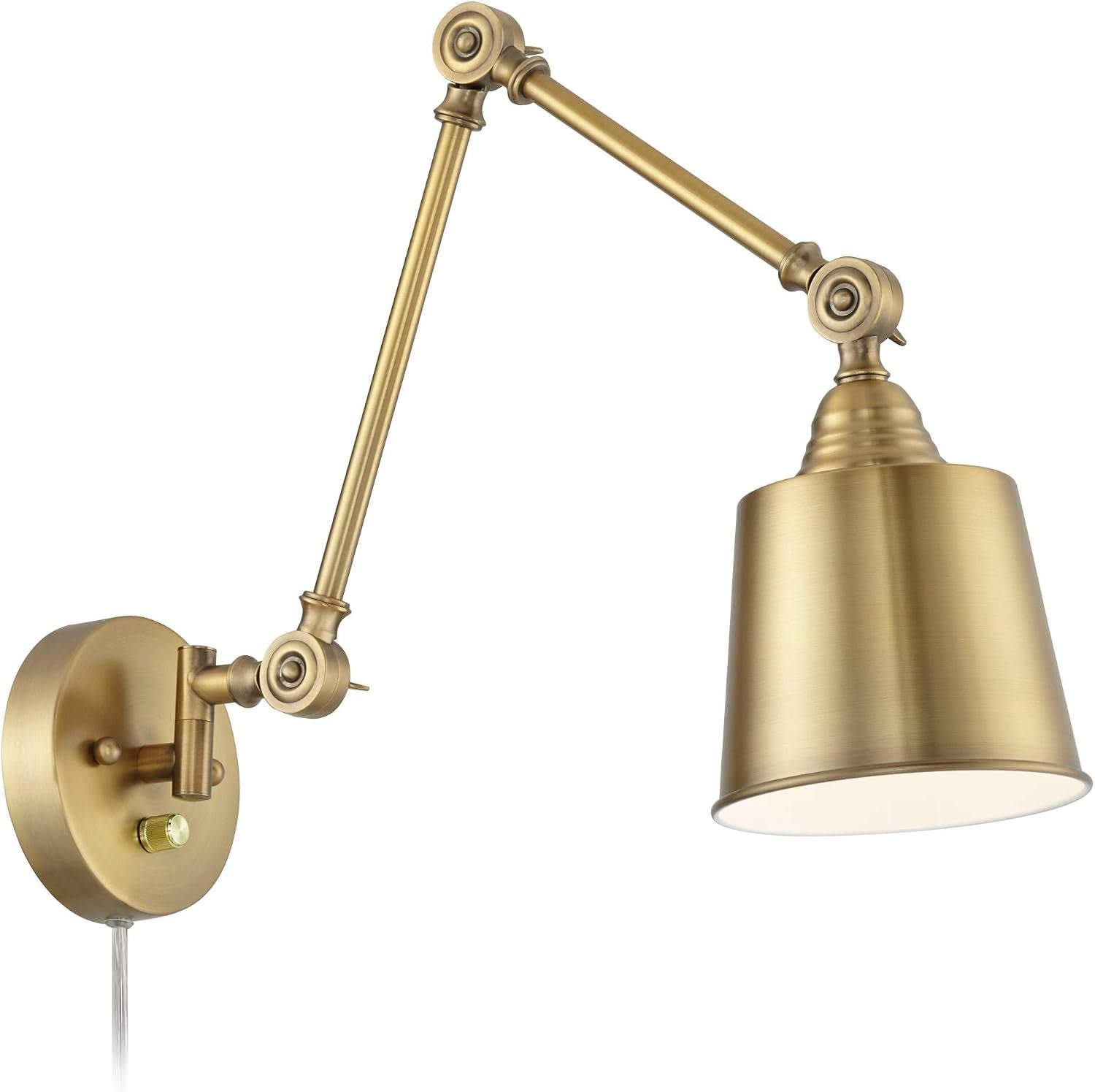 Single antique brass swing-arm wall lamp on white background showing shade, arm and round backplate with dimmer
