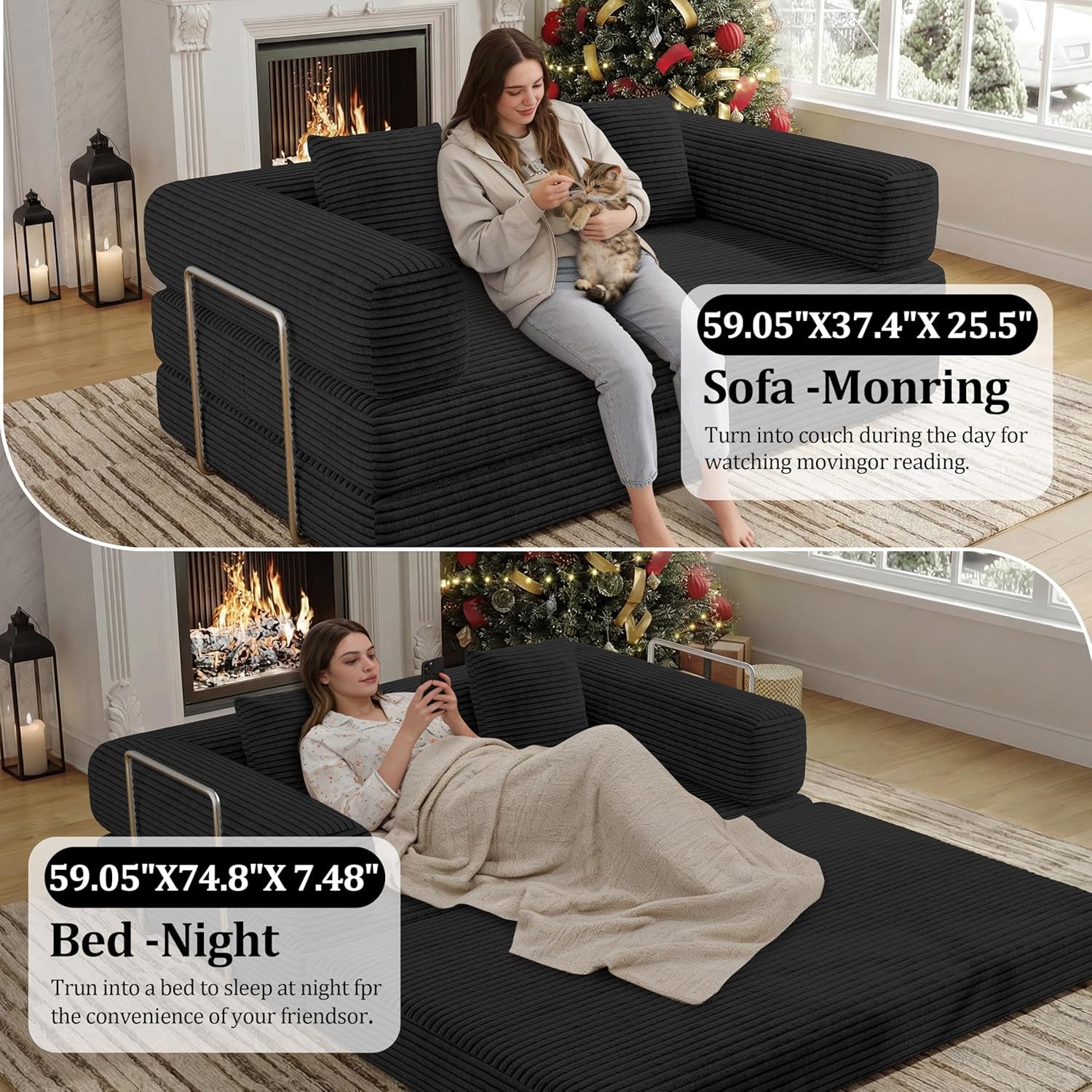 Black corduroy sofa shown as both sofa and unfolded bed with on-image dimensional callouts