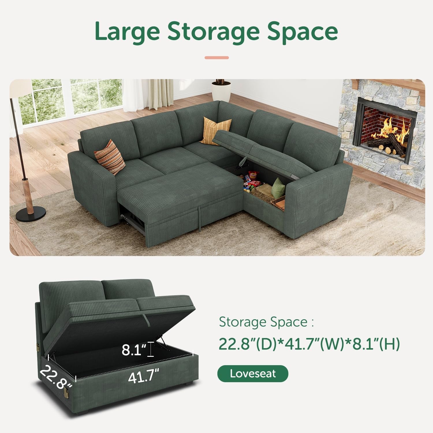 Modular Sectional Sleeper Sofa with Pull Out Bed, Corduroy L Shaped Couch with Storage, Sectional Couches for Living Room, Green