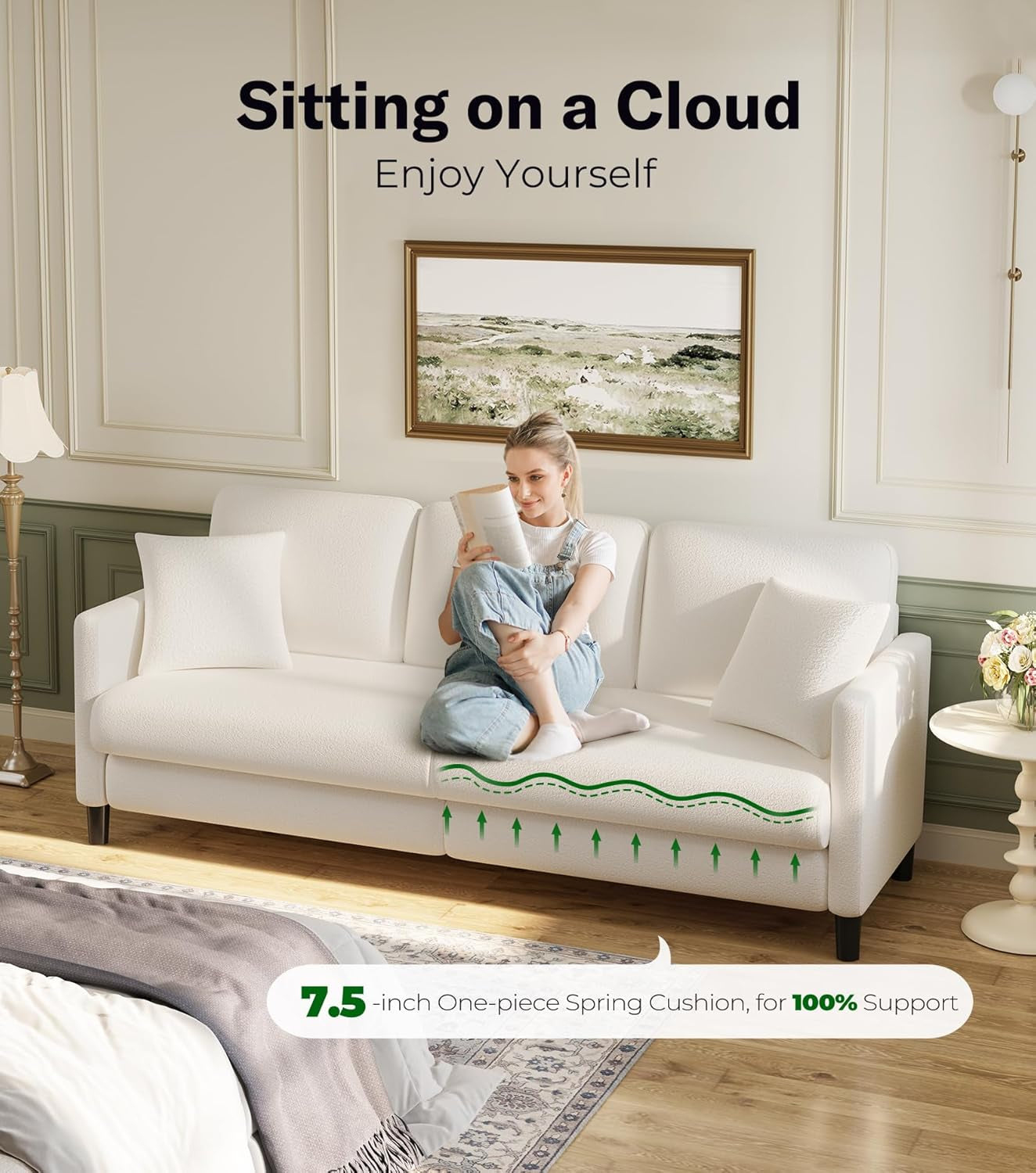 Cream teddy sofa side view with a person reading and a graphic highlighting the 7.5-inch spring seat