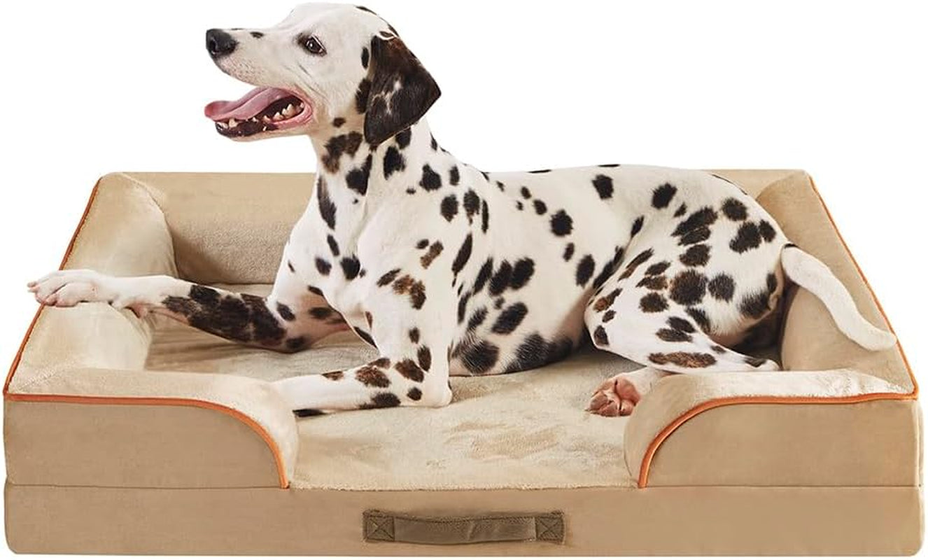 Angled front view of a tan dog bed with a dalmatian sitting alert inside, showing the cutaway bolster at the front corner.
