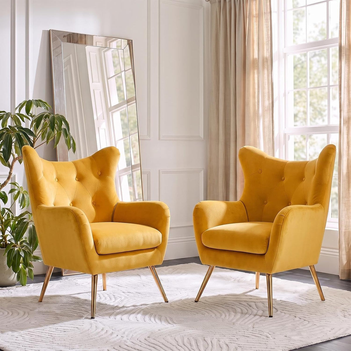 Pair of mustard-yellow velvet wingback chairs with gold-tone legs in a sunlit living room.