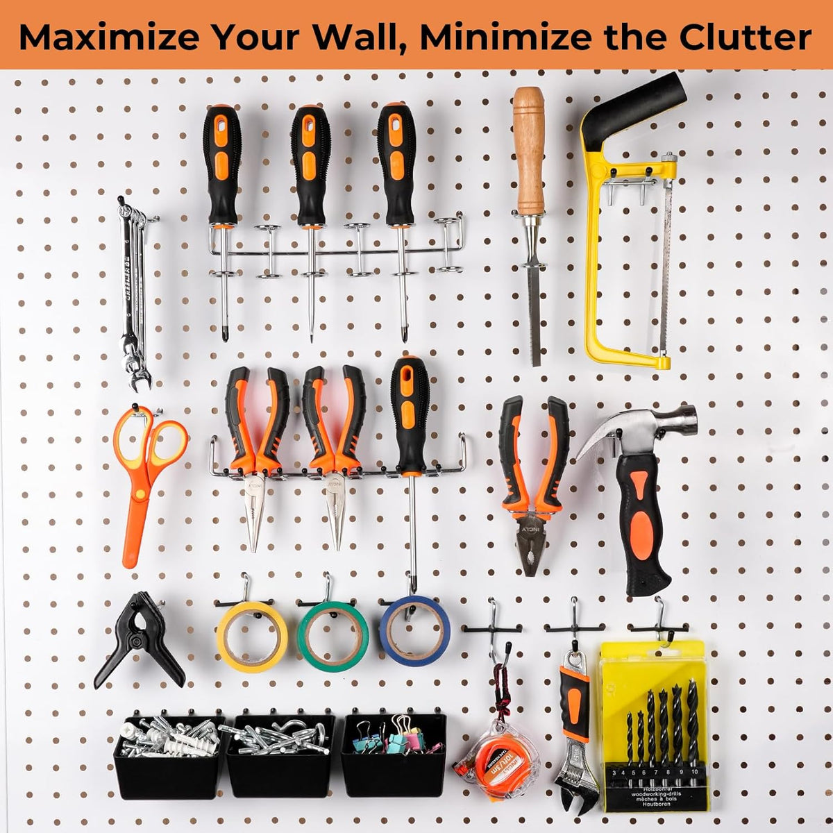 Pegboard mounted with tools hung on various chrome hooks and three black bins holding hardware at the bottom