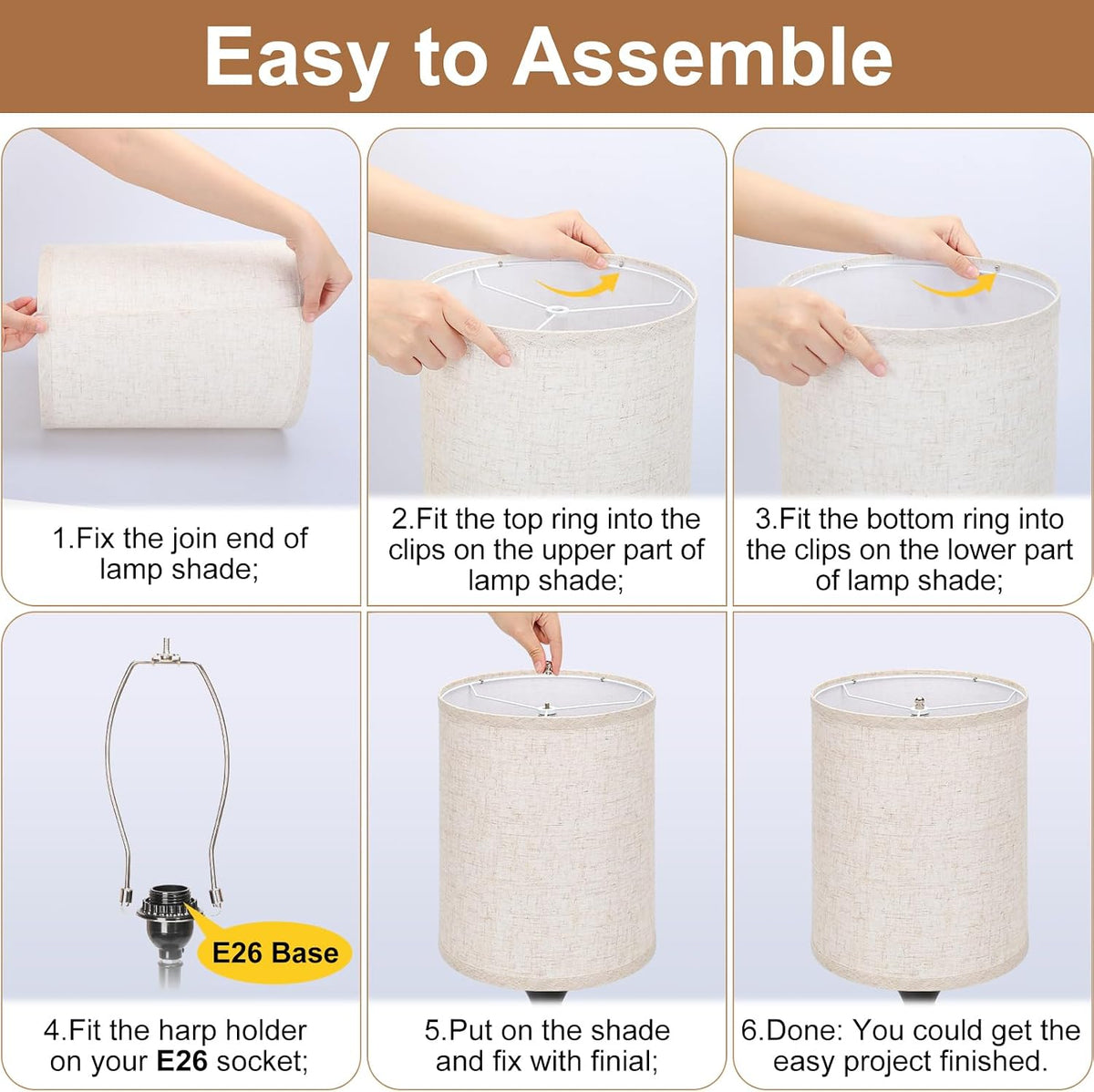 Six-panel collage showing hands fitting rings and harp onto a drum lampshade step-by-step.