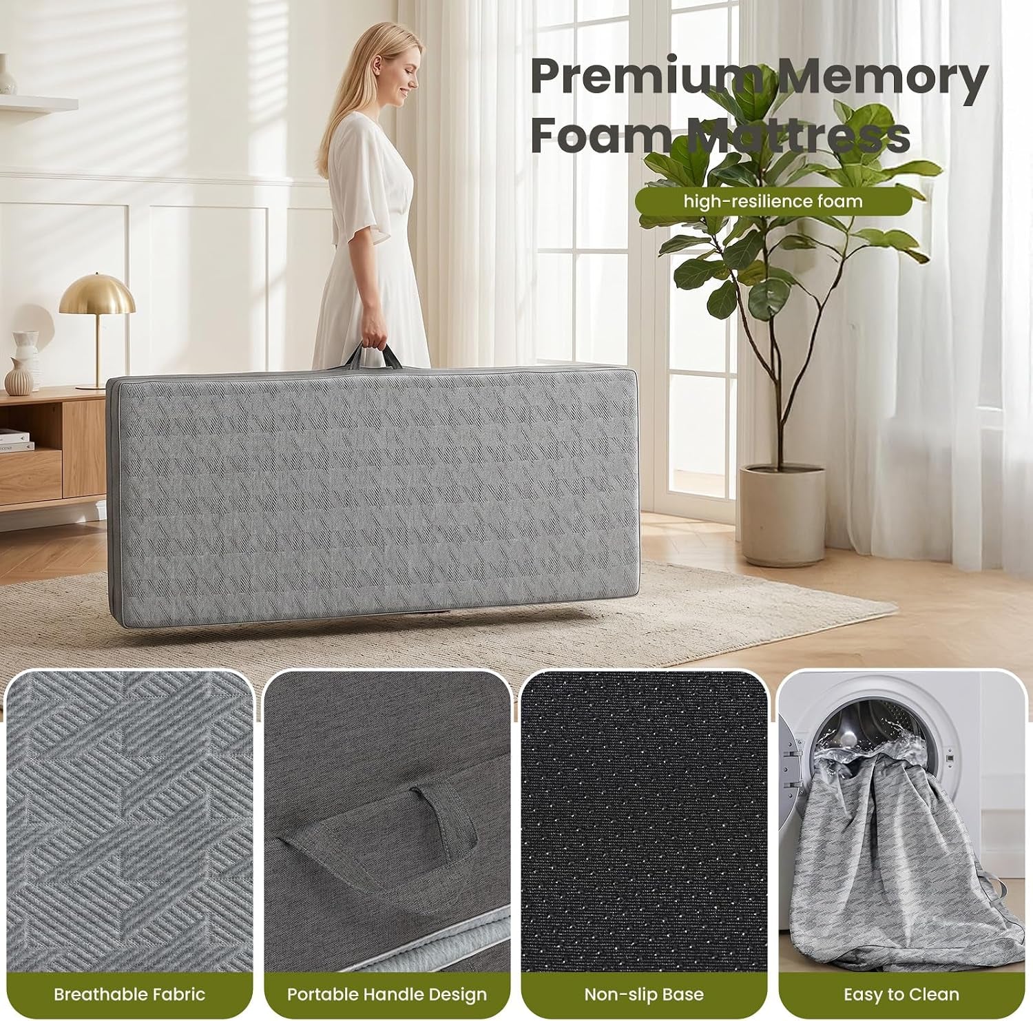 Woman carrying the folded grey mattress by a built-in handle with four thumbnail close-ups of fabric, handle, non-slip base