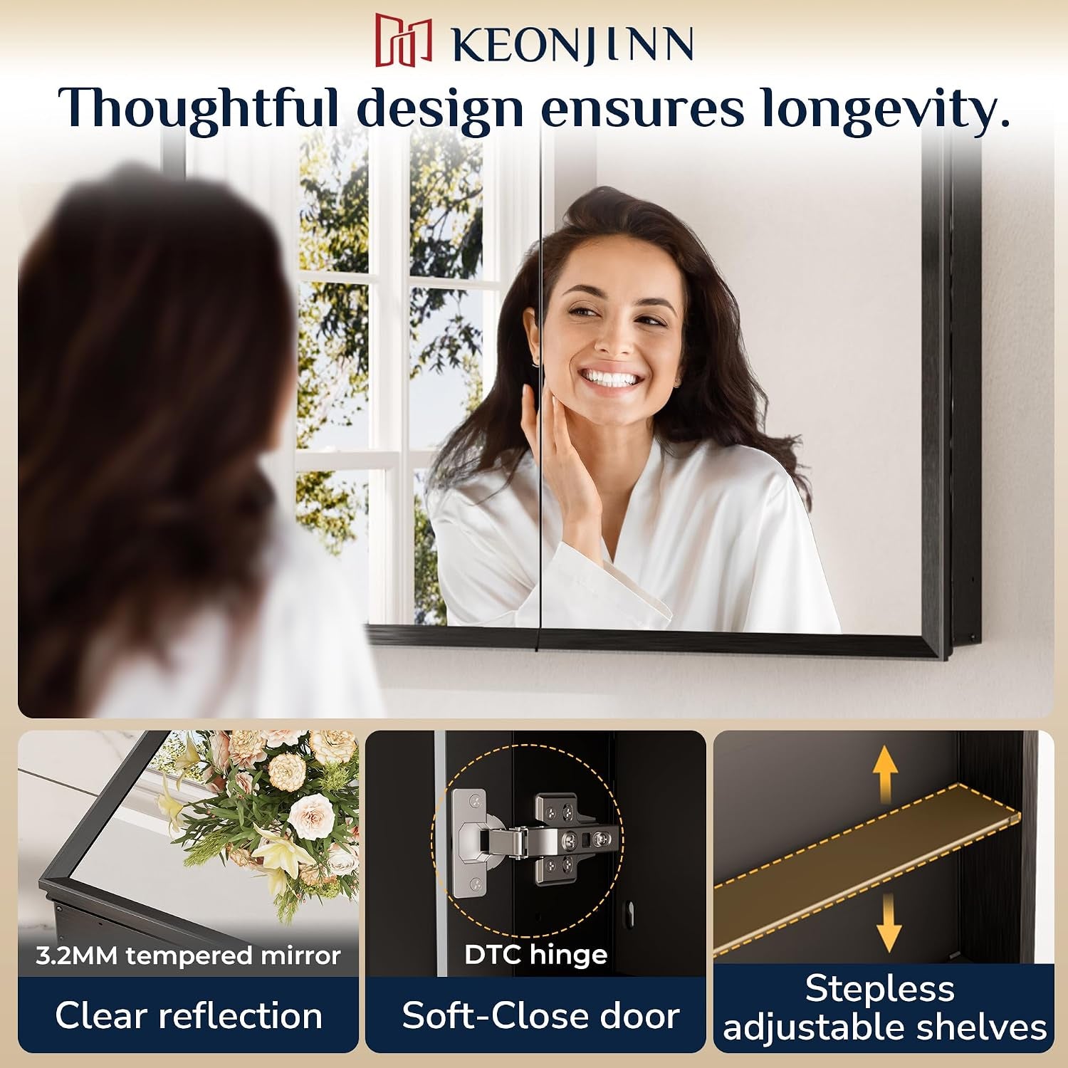 Woman smiling at her reflection in a two-door black framed bathroom medicine cabinet mirror.
