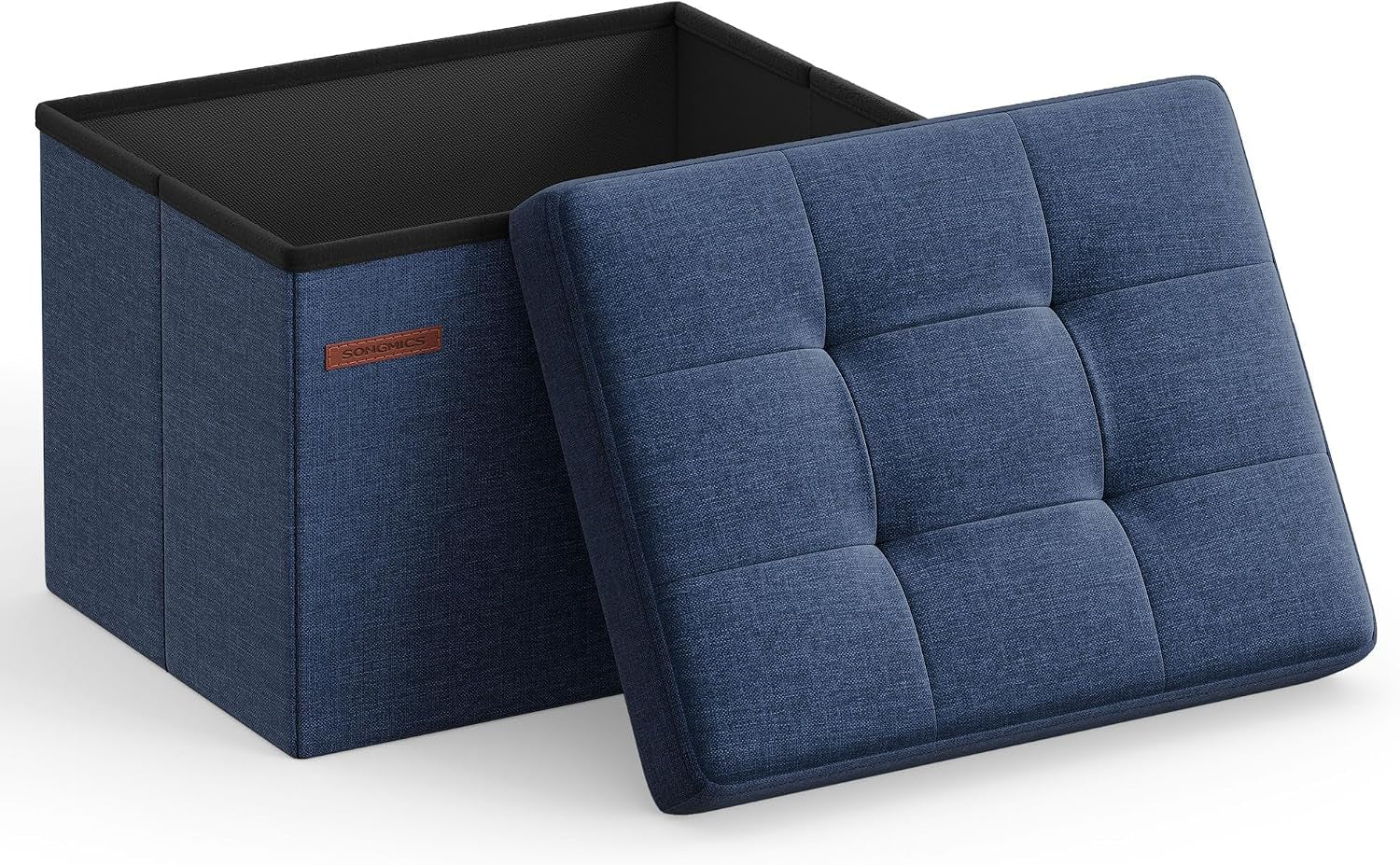 Open linen-look storage ottoman in blue with the padded lid leaned against the box