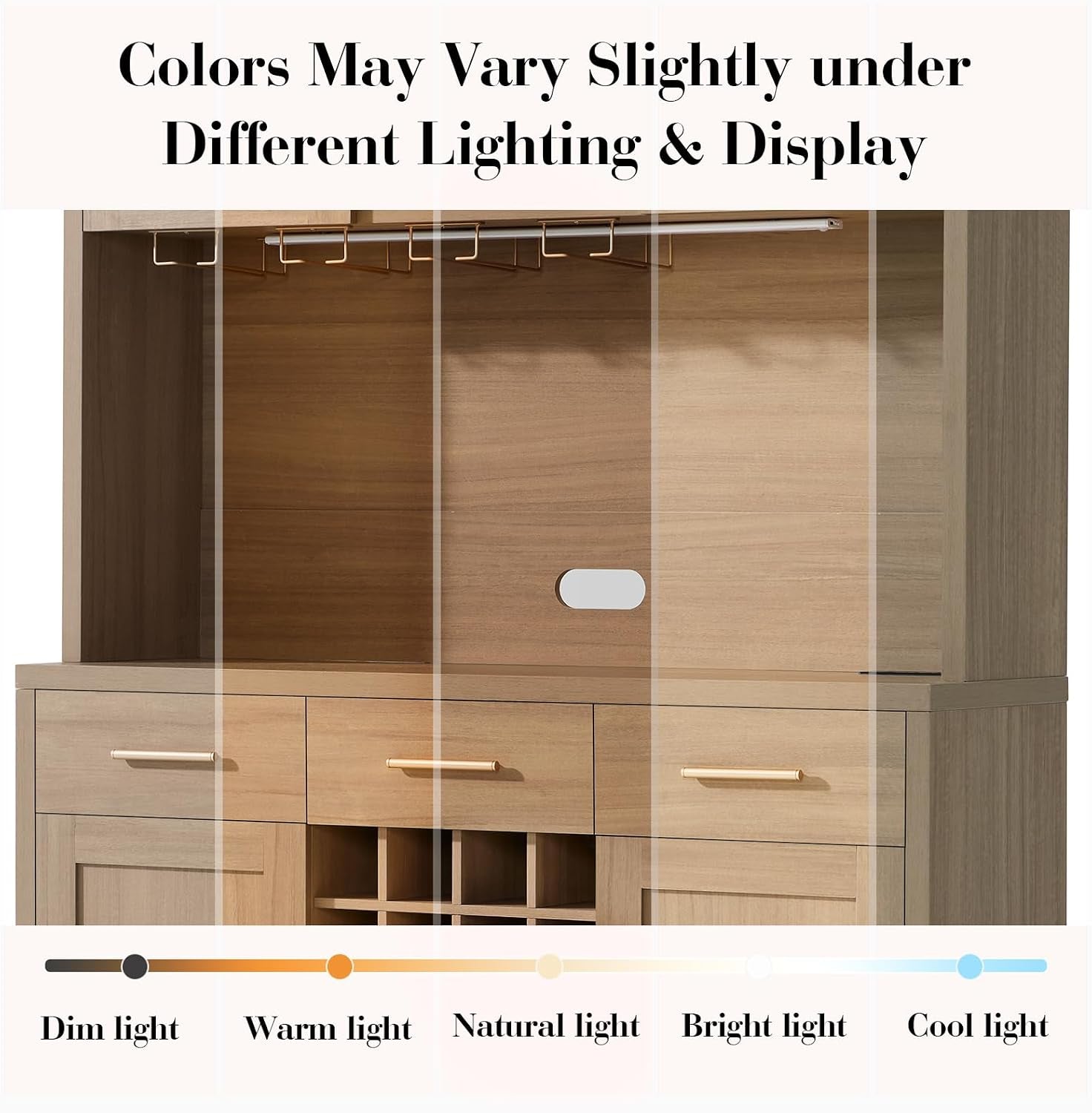 Hutch front shown in five vertical lighting strips from dim warm to cool, illustrating color shifts