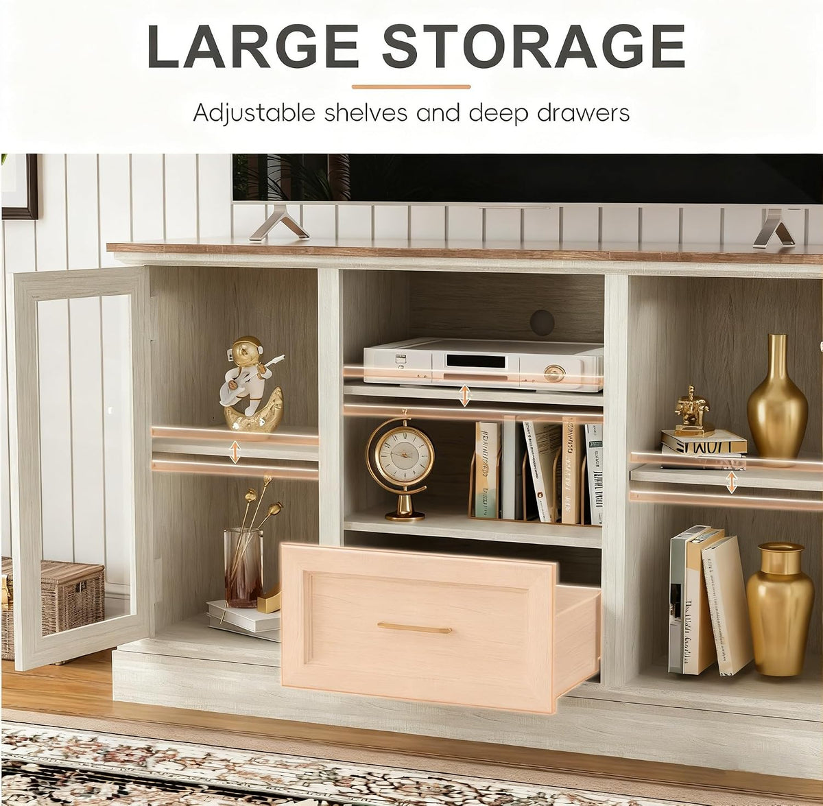Open-front view showing tempered-glass doors, adjustable shelves, central drawer pulled out and cable-routing holes