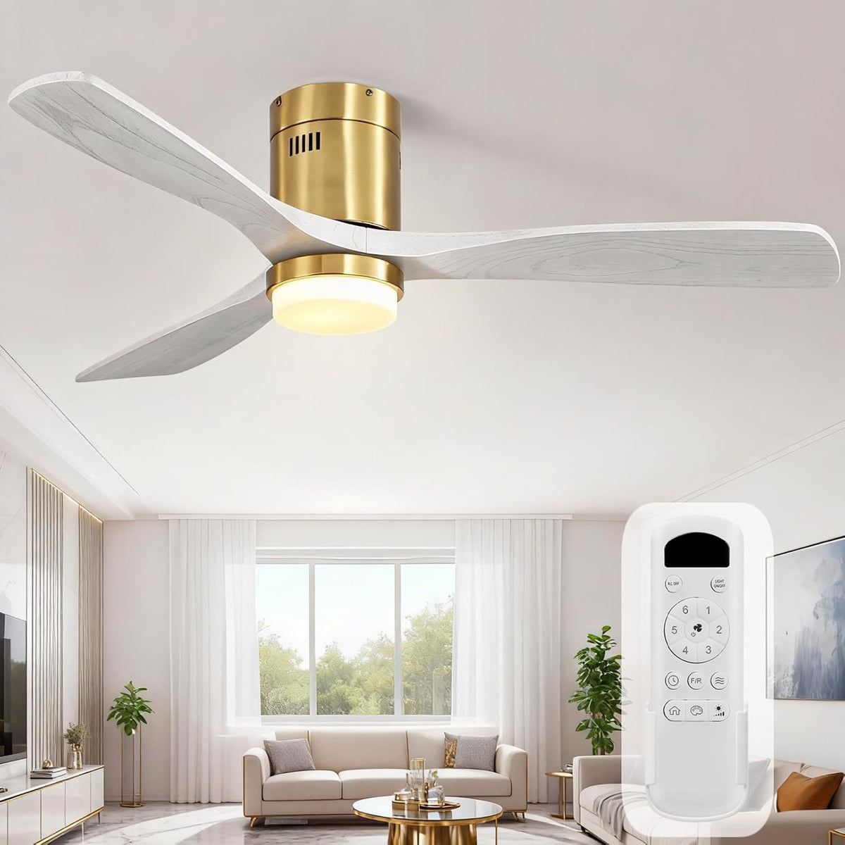 Three‑quarter view of the fan in a bright neutral living room with whitewashed blades and brushed gold motor.