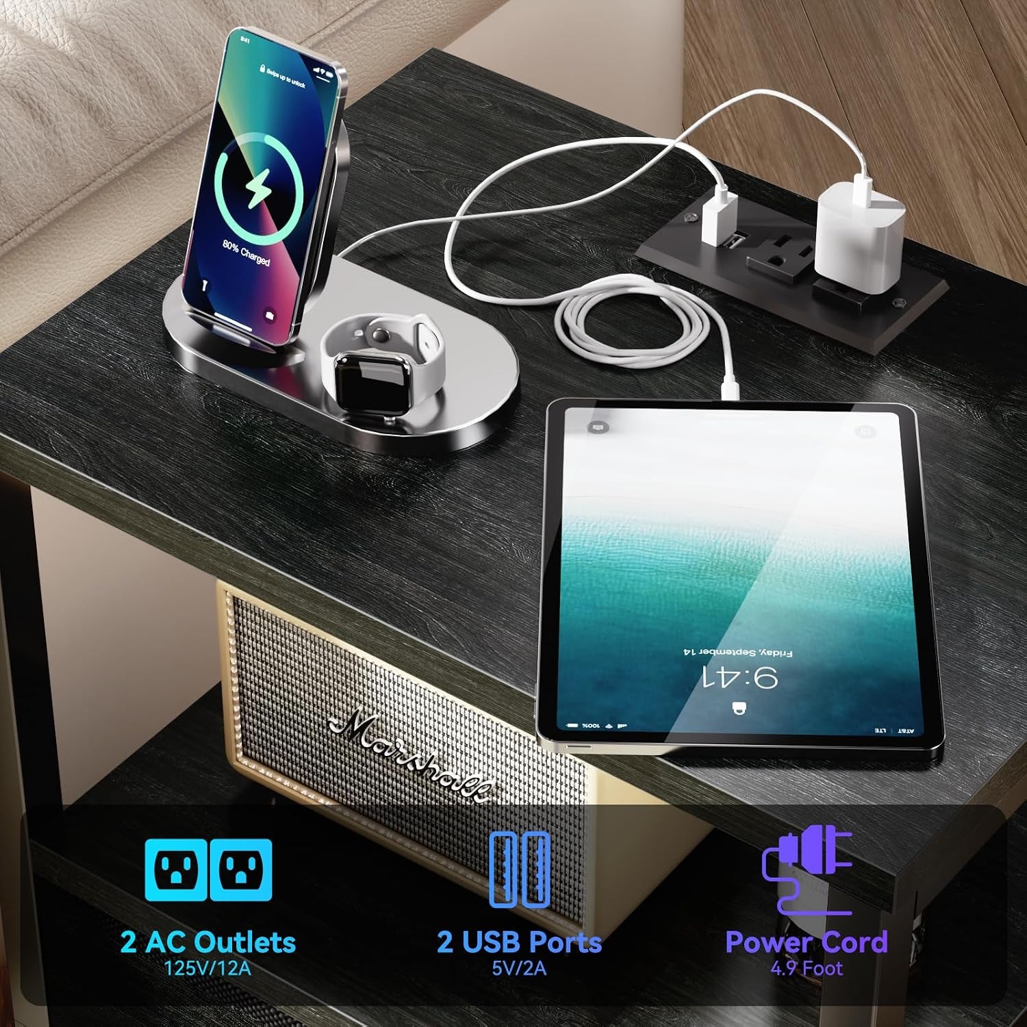 Close-up of nightstand top with tablet, wireless charger, watch, and power outlet strip on black wood surface.
