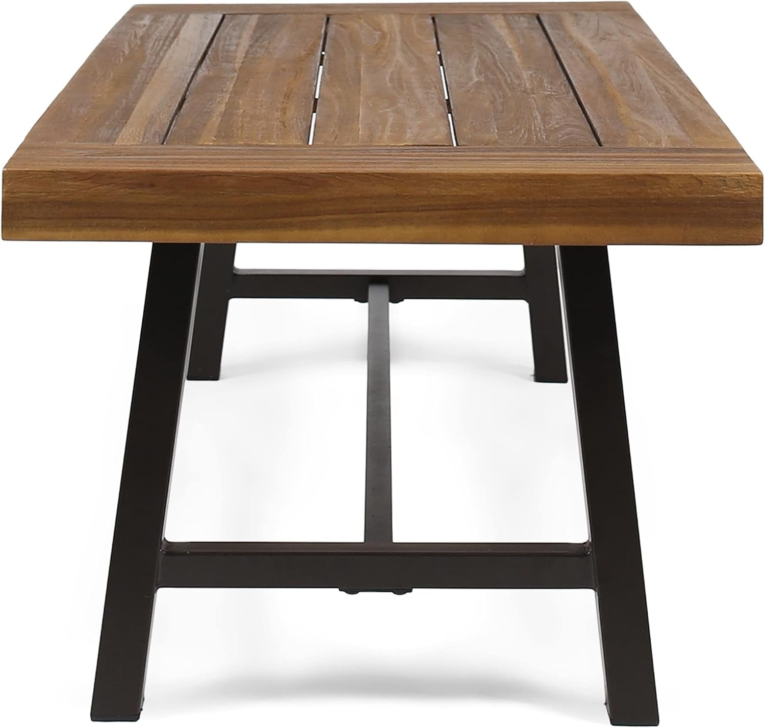 Low front perspective of table highlighting slat tabletop edge and H-stretcher on powder-coated metal legs