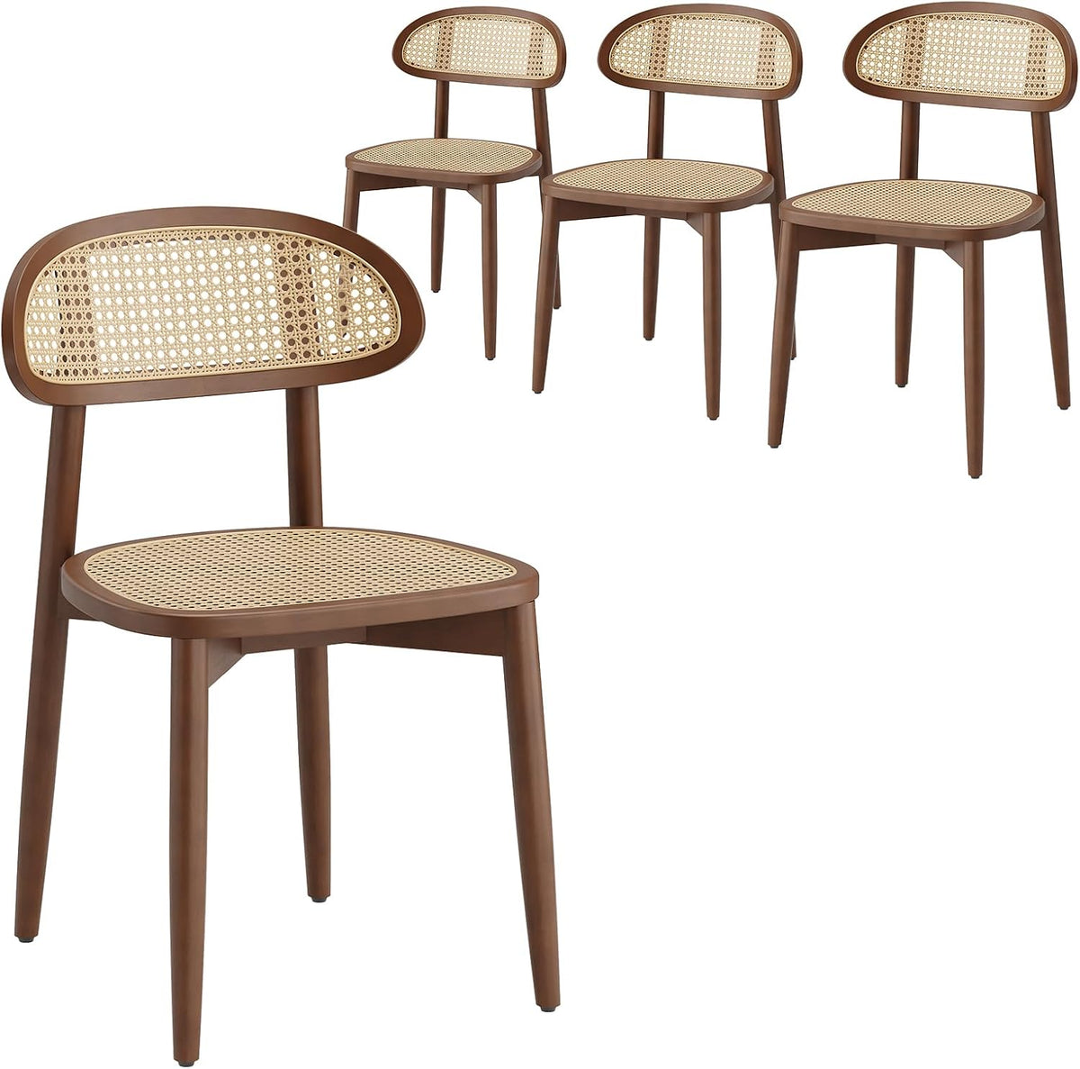 Four walnut-finish cane-back dining chairs on a white background, one chair shown larger in front.