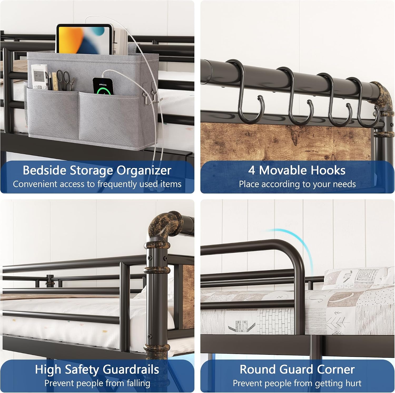 Four close-up panels showing bedside organizer, movable hooks, guardrails, and rounded guard corner