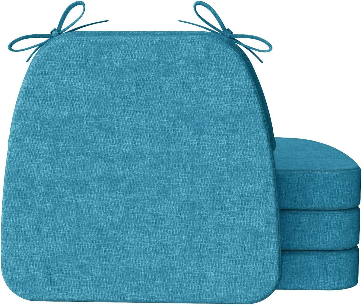 Stack of four teal blue D-shaped chair cushions shown from the back with tied corner loops