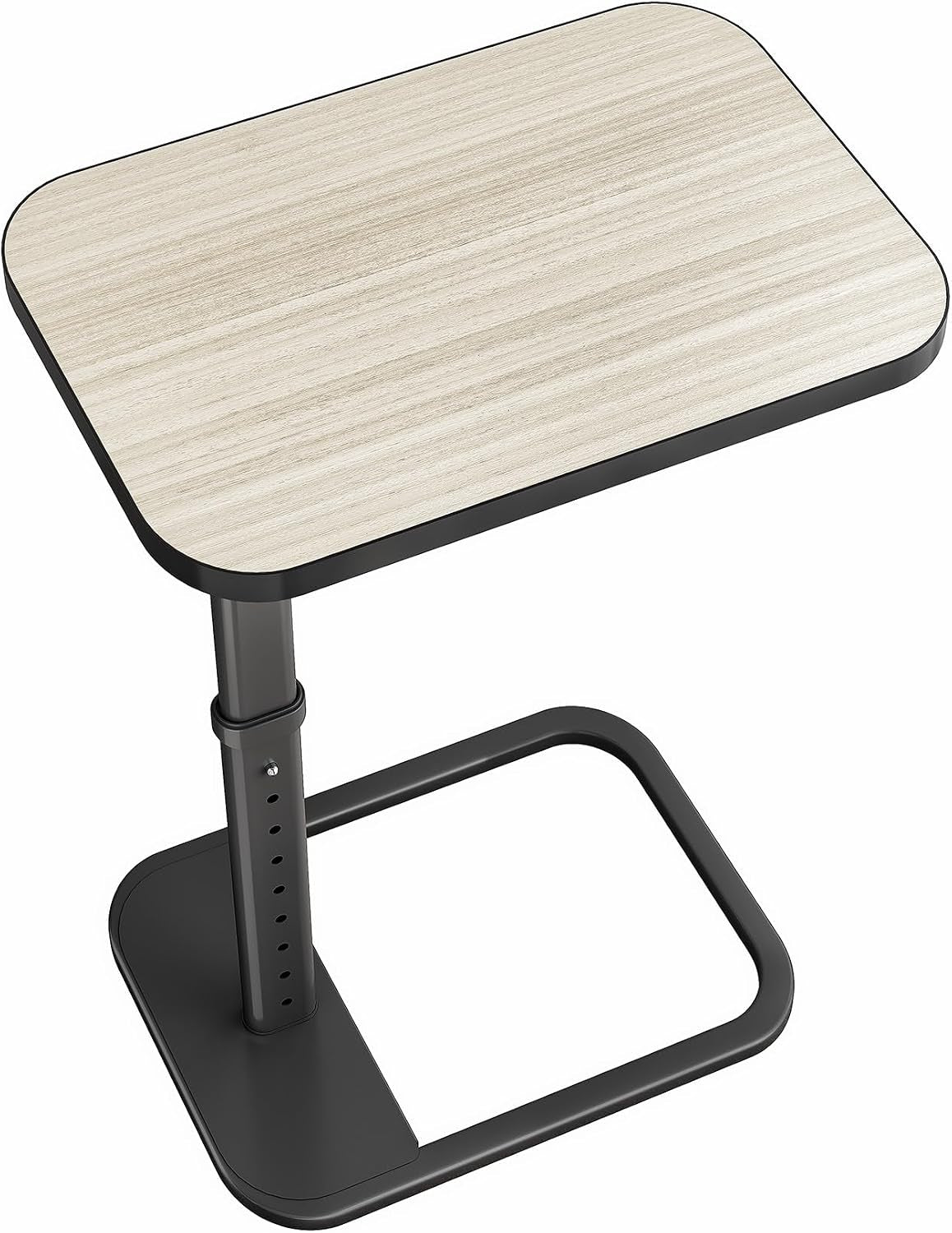Isolated C-shaped end table with light wood-grain rectangular top and black metal base.