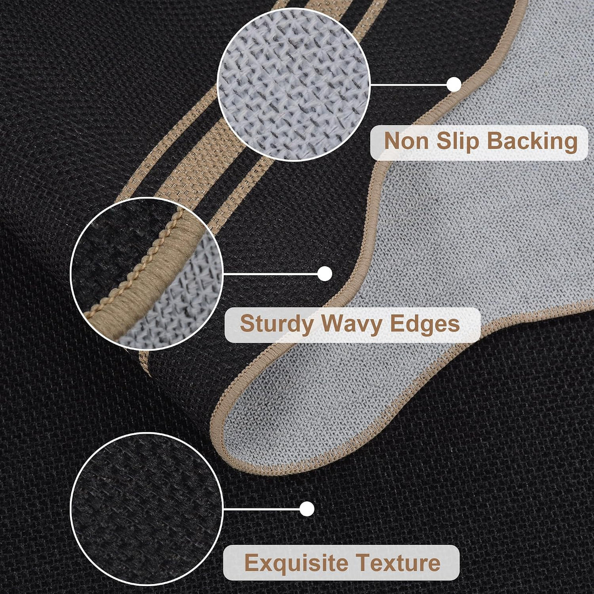 Close-up of the rug edge showing scalloped hem, textured black surface and contrasting tan border.