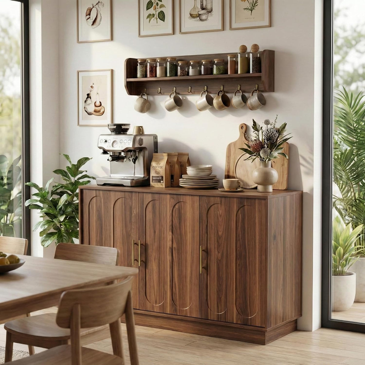 Brown fluted-door cabinet used as a coffee bar with an espresso machine and tableware on the top surface