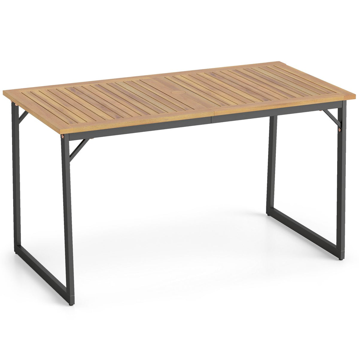 Slatted wooden dining table with dark metal legs shown against a white background.