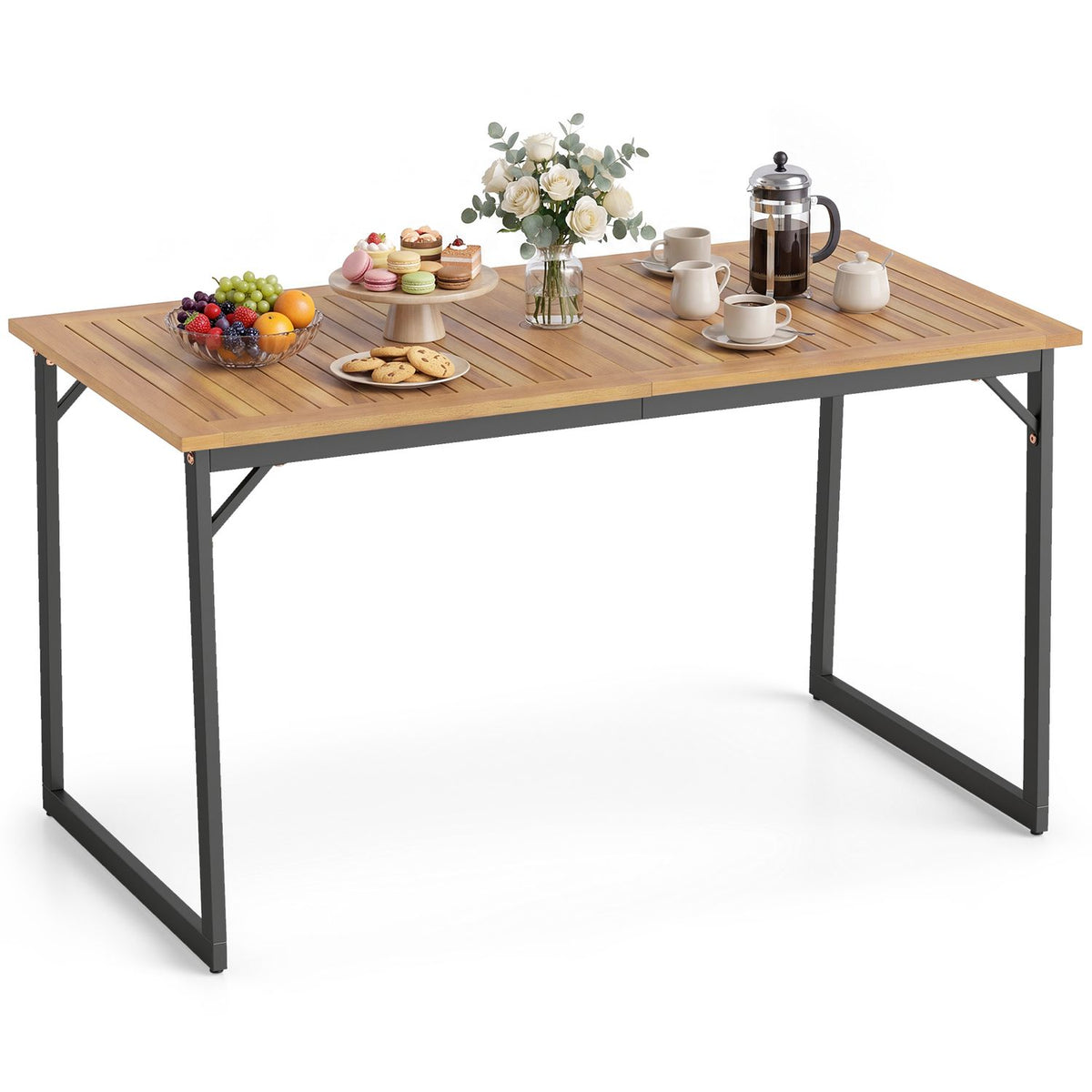 Wooden slatted dining table displayed with fruit, pastries, flowers and coffee service.