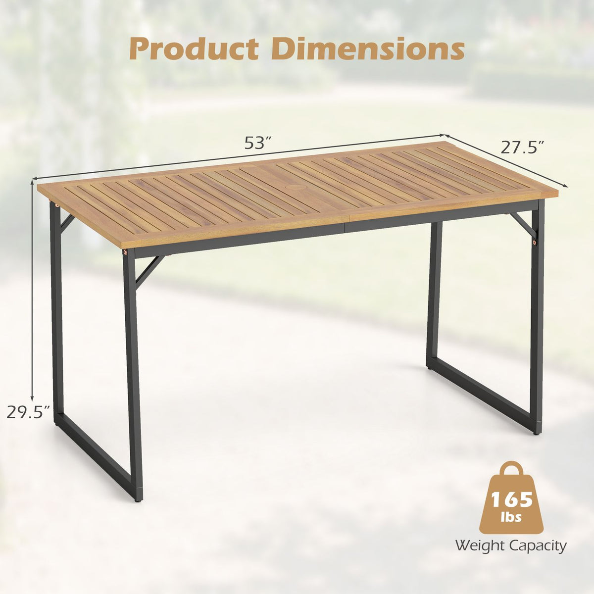 Wooden slatted dining table shown in a diagram with measurement arrows around it.
