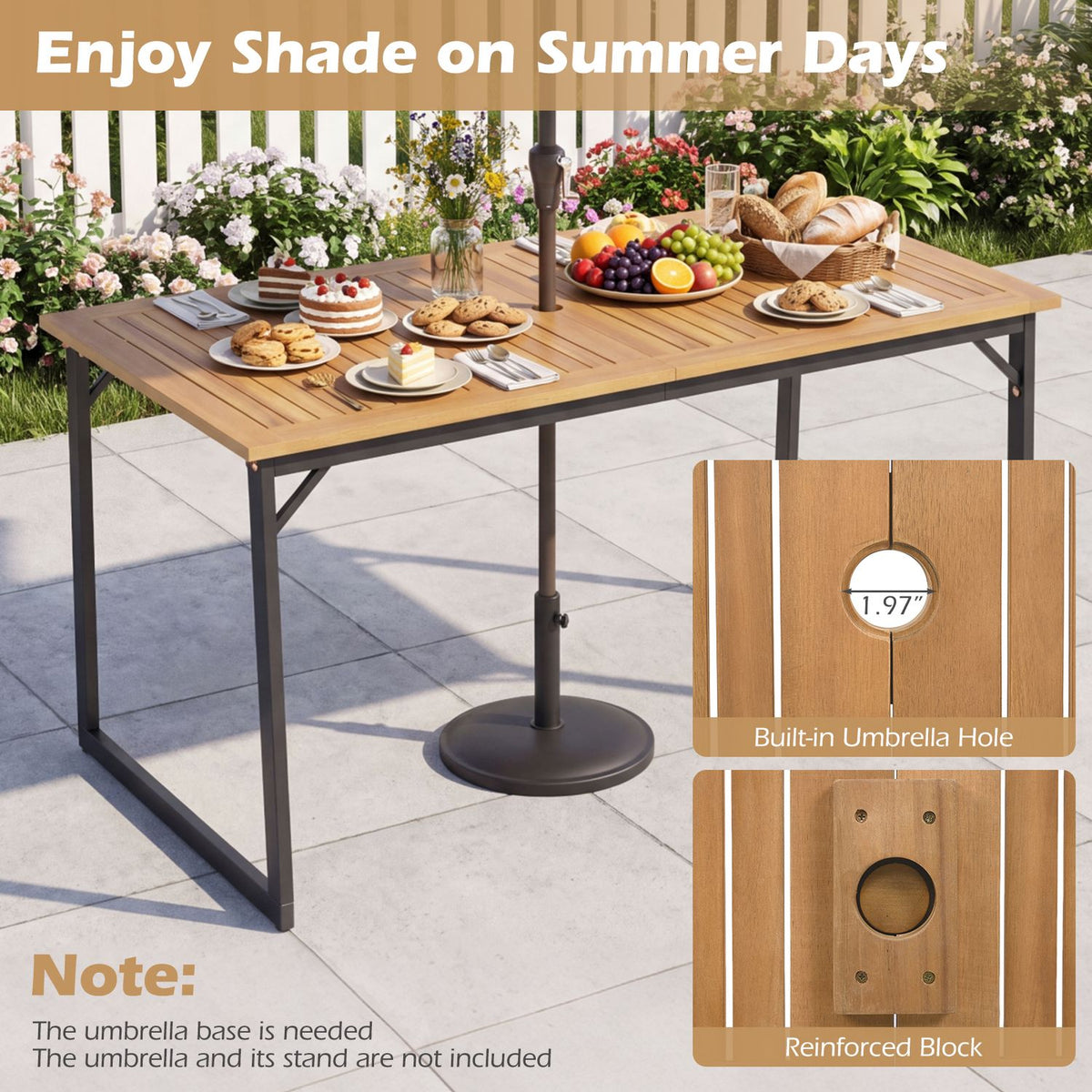 Patio table with an umbrella in its center hole, alongside close-ups of the hole and underside.