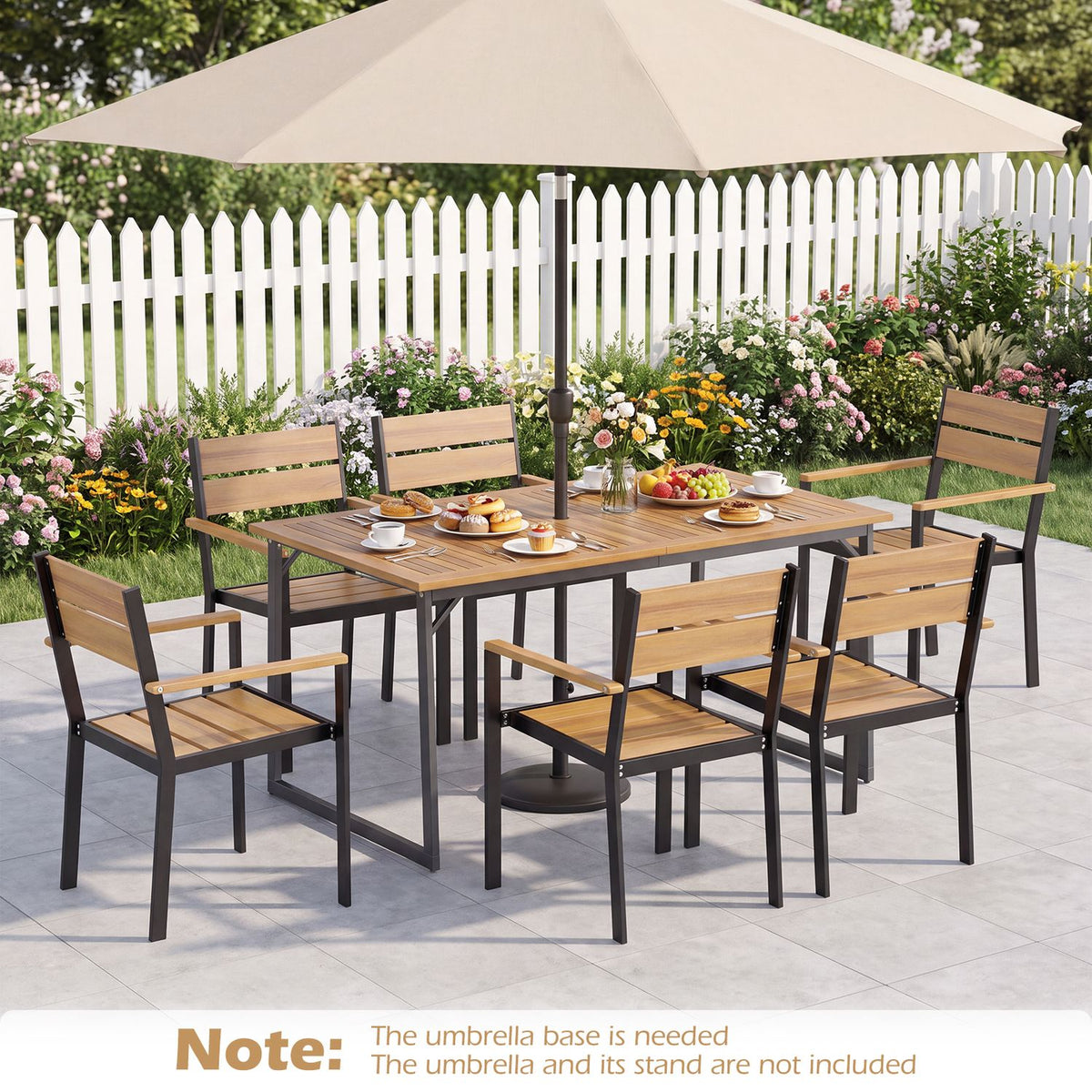 Slatted wood dining table surrounded by matching chairs beneath a large patio umbrella.
