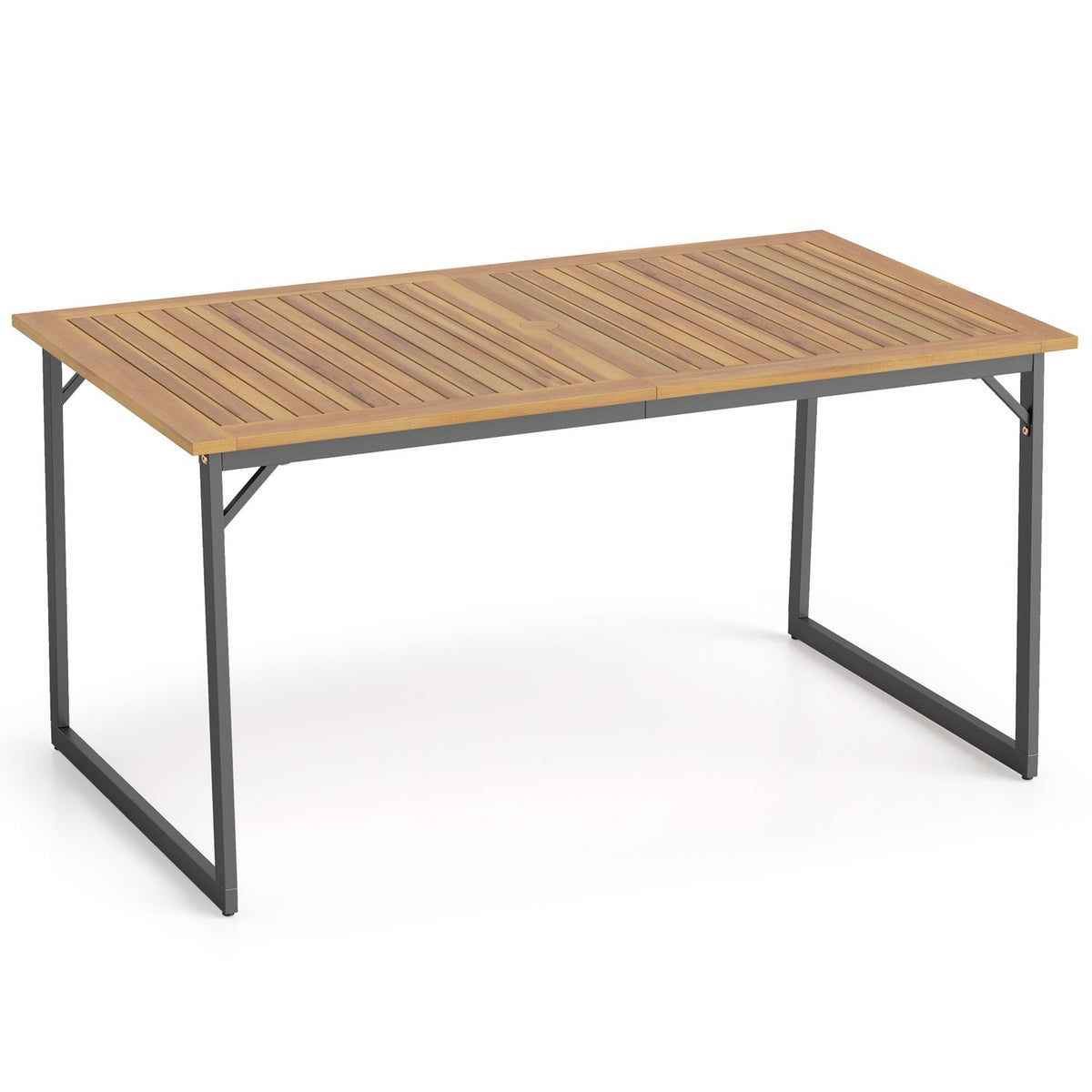 Unadorned rectangular patio table with a slatted wood top and dark metal frame on a white background.