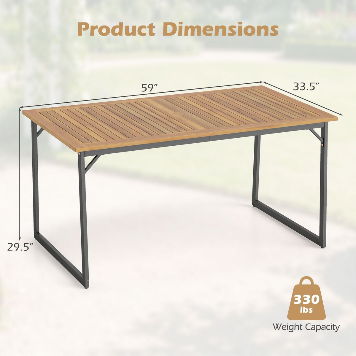 Slatted patio table shown with measurement arrows and a weight-capacity icon.