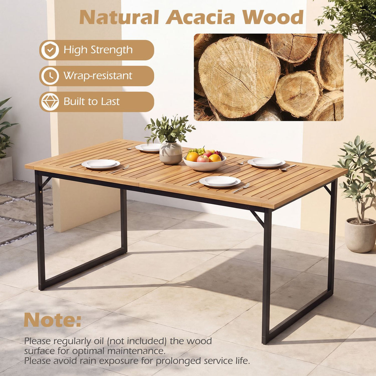 Rectangular slatted wood table with dark legs, set with plates and a fruit bowl on a tiled patio.