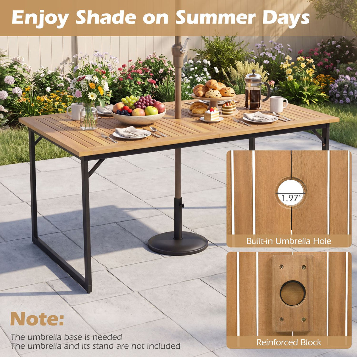 Patio table shown with an umbrella in its center and close-up insets of the tabletop opening.