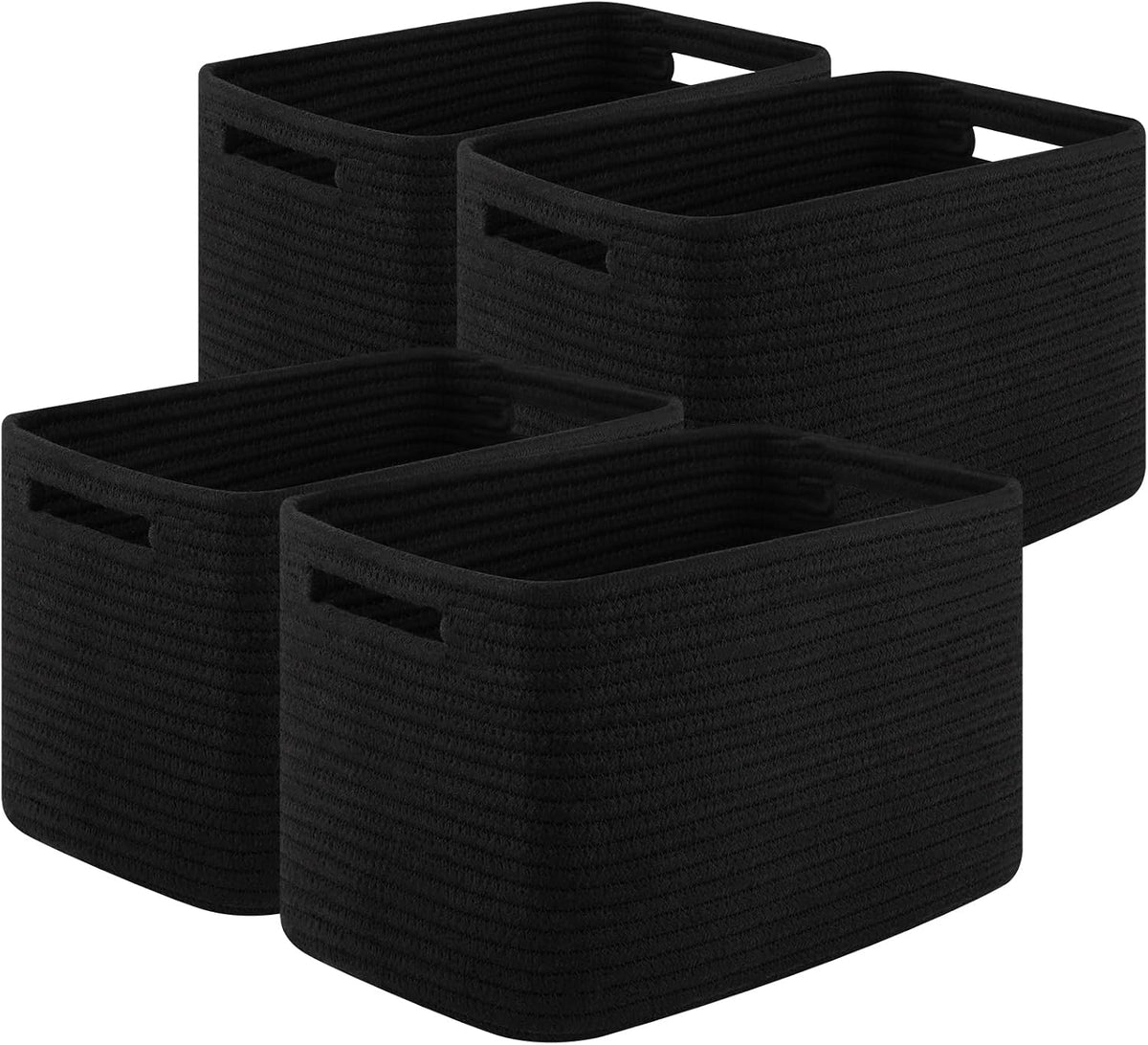 Close group shot of four black woven rope baskets with rectangular cutout handles visible.