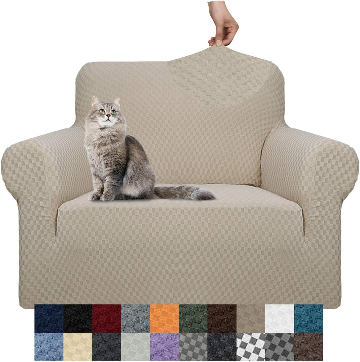 Single-seat armchair in tan textured slipcover with a gray cat on the seat and a hand pulling the back fabric upward.