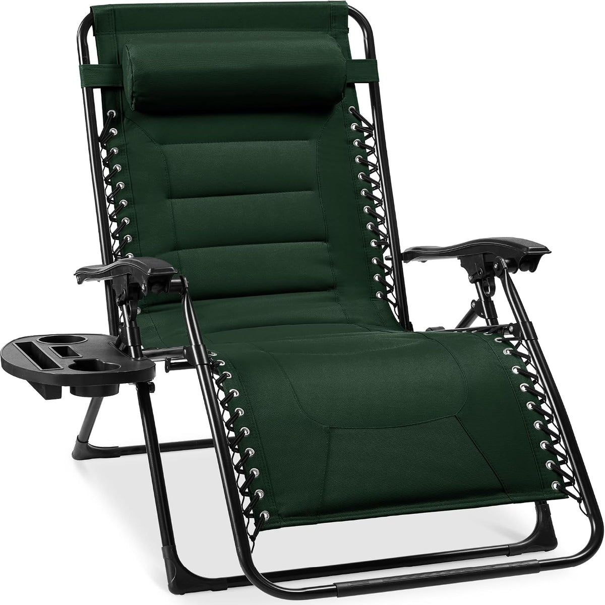 Dark green padded zero-gravity recliner with laced sides and black metal frame, front-right view
