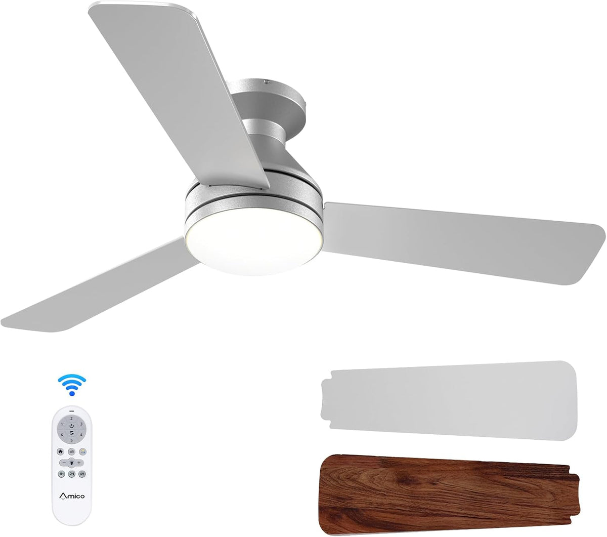 Silver low-profile ceiling fan shown from below with integrated round light and three alternate blade finishes beside it