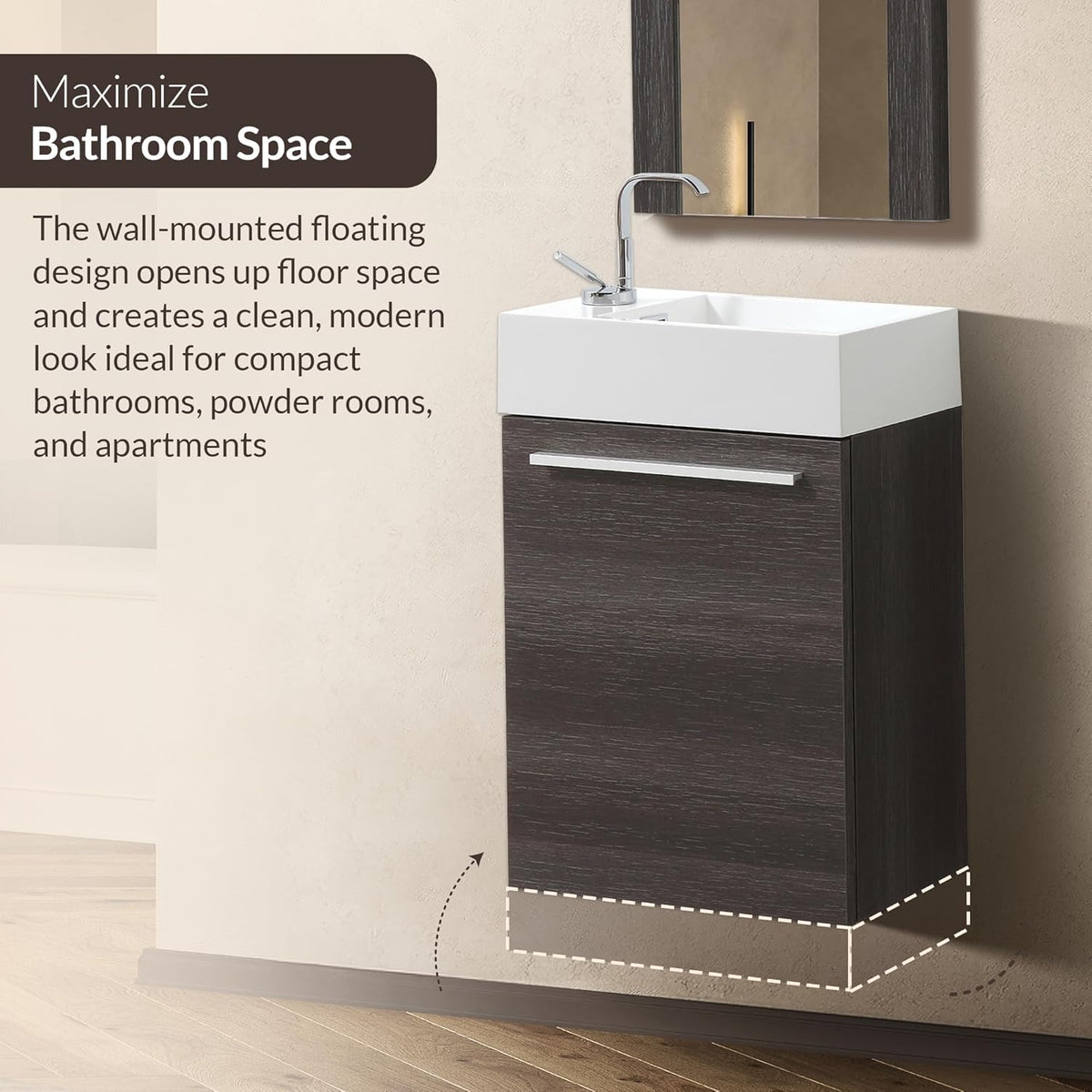Wall-mounted dark wood floating vanity with white rectangular sink under a mirror in a small bathroom