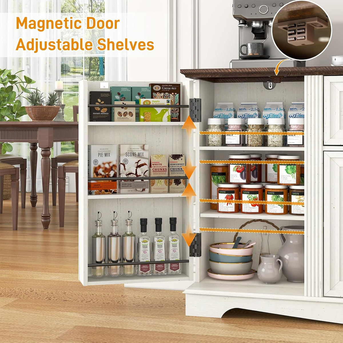 Close-up of side-door shelving with adjustable shelf indicators and a magnetic soft-close latch highlighted