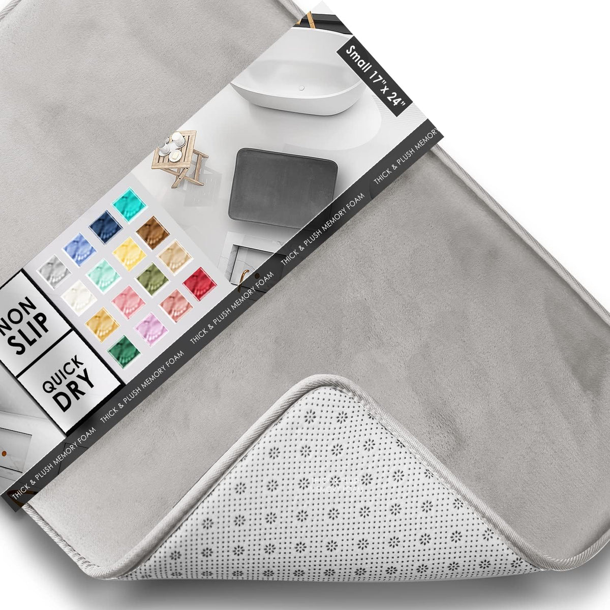 Gray rectangular mat corner peeled back revealing patterned non-slip backing and a multi-color swatch label.