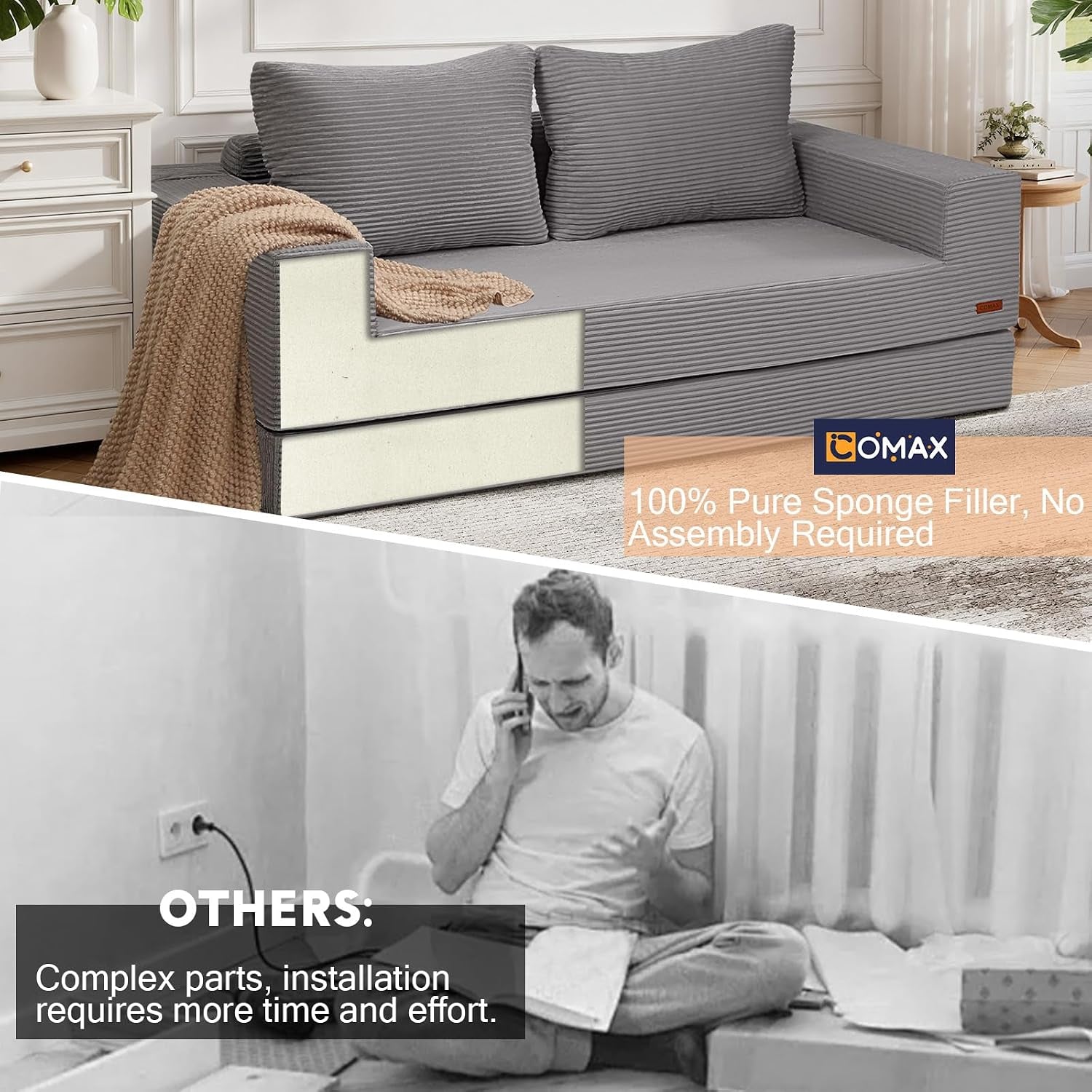 Gray sofa in a room with a foam cross-section cutaway above a grayscale photo of a man assembling furniture