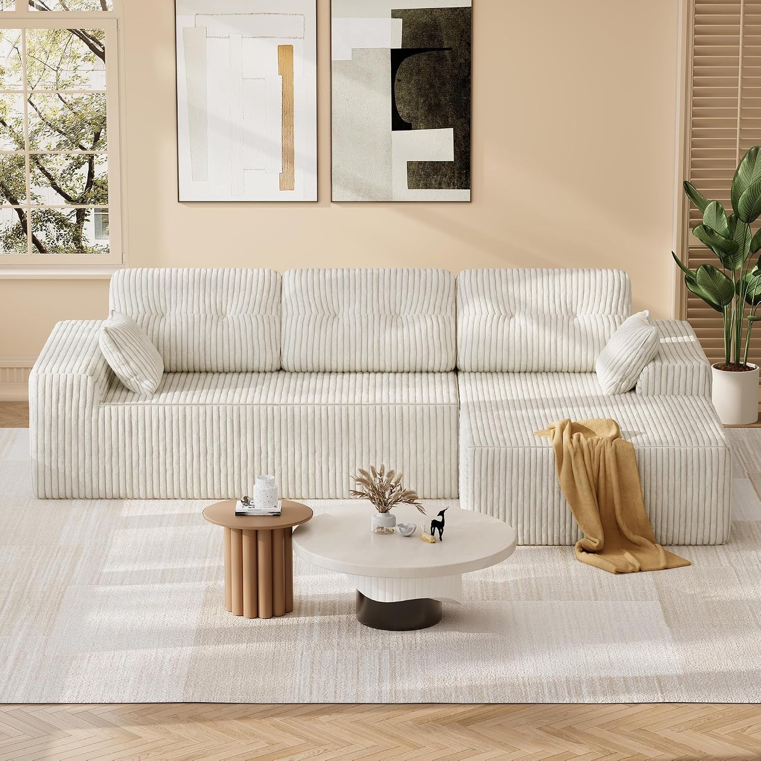 106" L-Shaped Modular Sectional Sofa, Boneless Cloud Couch | with Deep Seat, Corduroy Fabric, 18" Seat Height, 32D Foam & Pocket Spring Support, Right Facing Chaise for Living Room