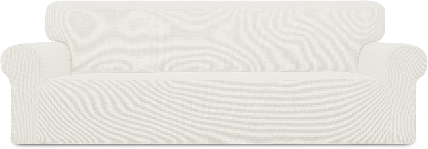 Clean front-facing loveseat wrapped in an off-white textured stretch slipcover against white