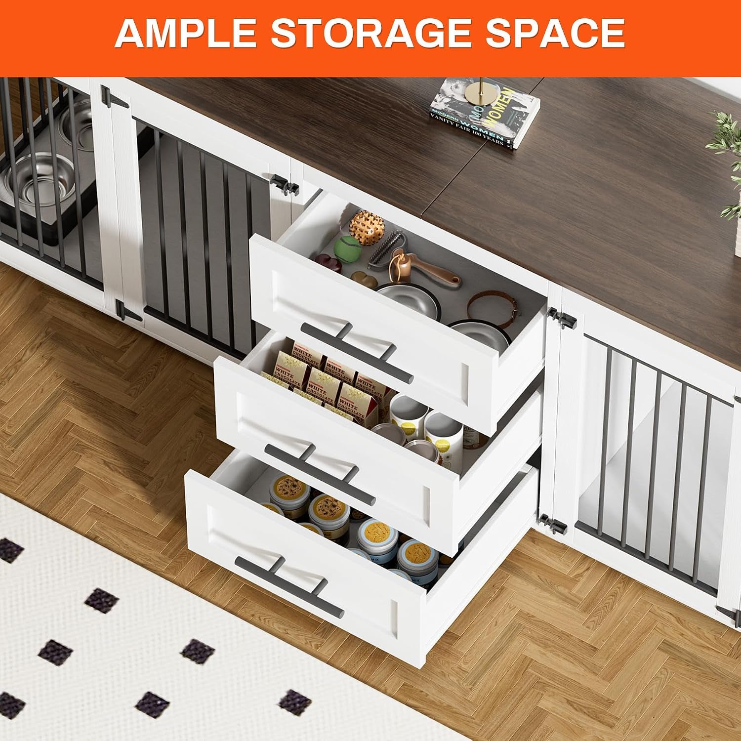 Close-up of three white storage drawers open showing pet supplies and dark wood tabletop