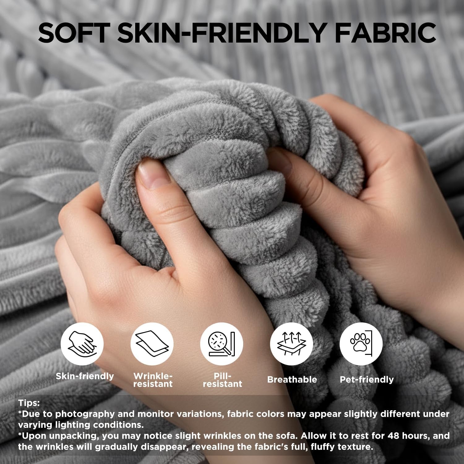 Close-up of soft grey skin-friendly fabric texture being compressed by hands with feature icons