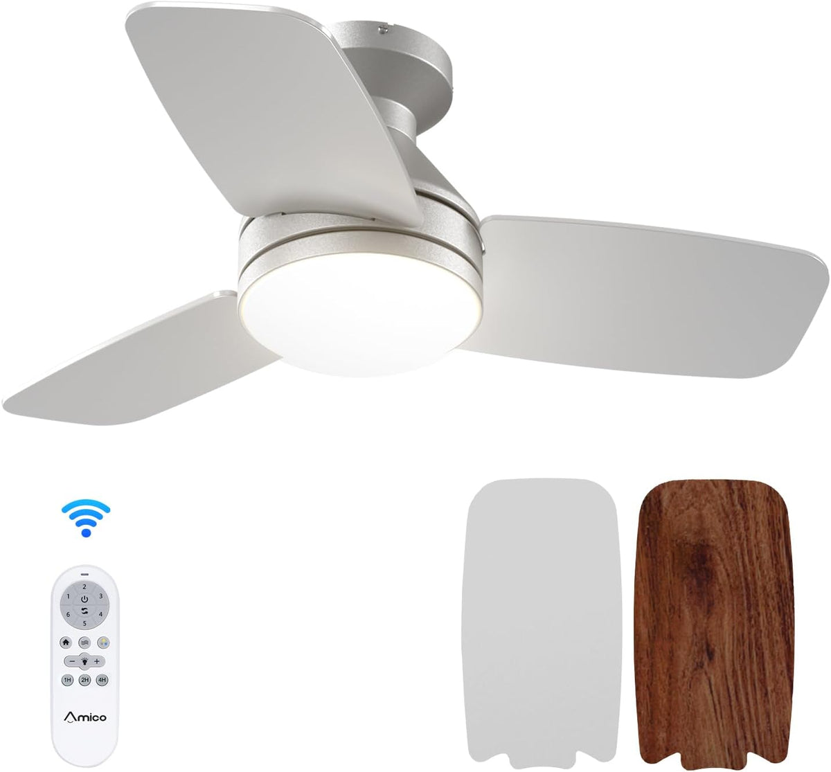 White finish ceiling fan shown close-up from beneath with light on and remote and two blade options visible